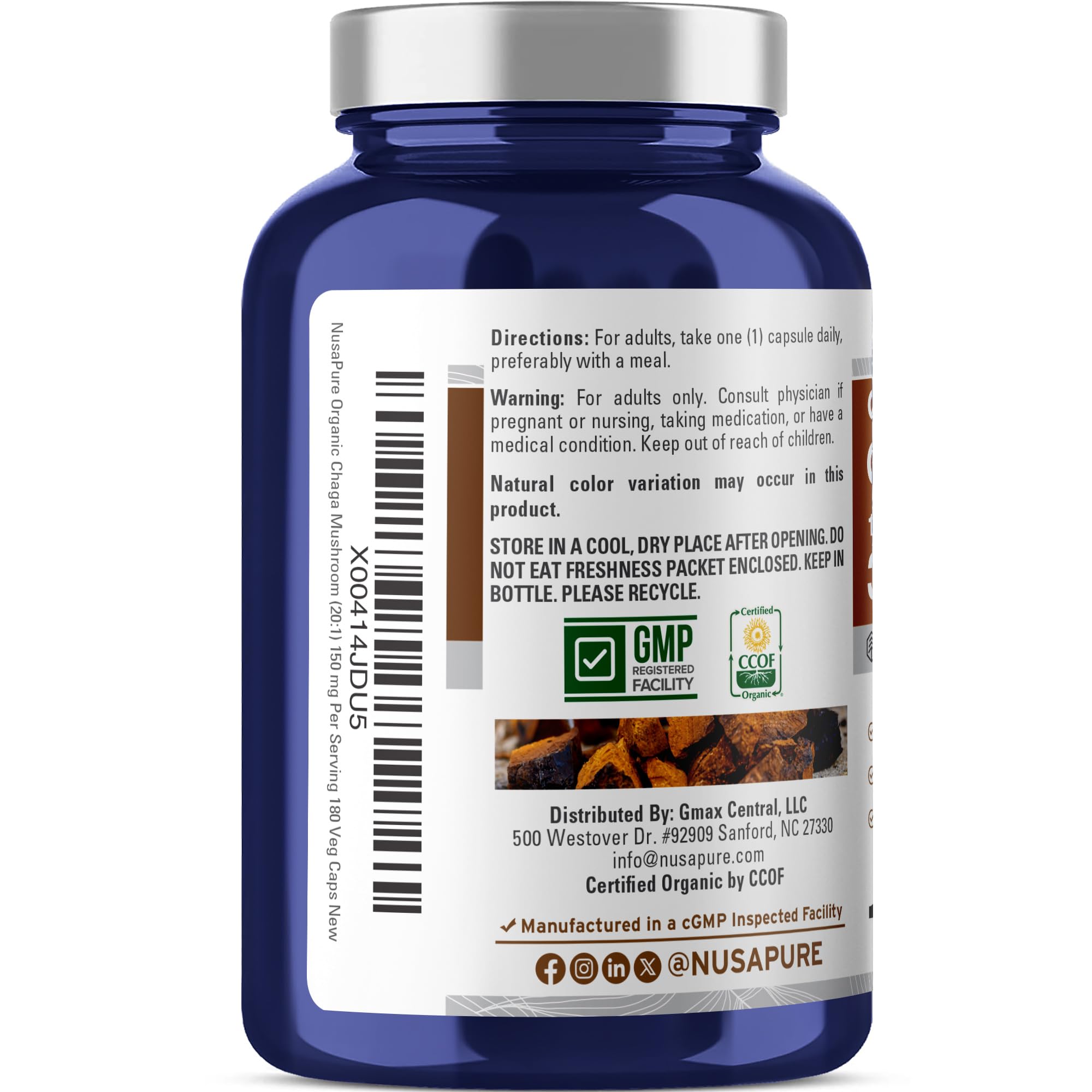 NusaPure Chaga Mushroom 20:1 Extract, 150 mg Equivalent to 3,000mg per Veggie Capsule, 180 Count, USDA Organic, Vegan, Non-GMO NusaPureAu supplements
