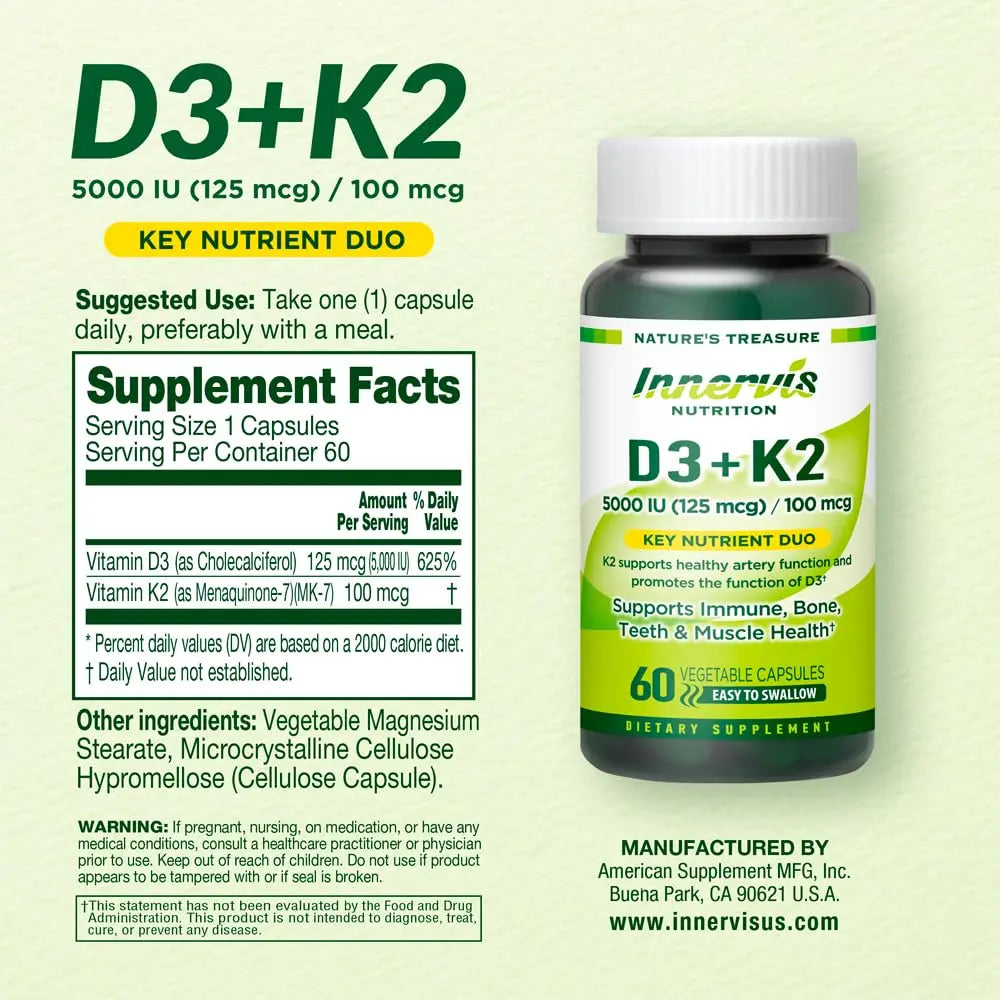 INNERVISNUTRITION Vitamin D3 5000 IU + K2 MK-7 100mcg – Bone, Heart & Immune Support, Easy to Swallow, 60 Capsules INNERVISNUTRITIONAu supplements