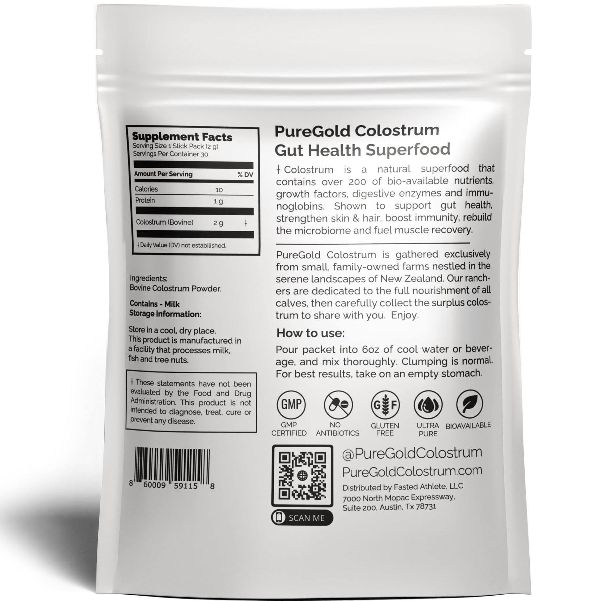 PureGold - Bovine Colostrum Powder - 100% Pure New Zealand Grass Fed, Supports Gut Health, Skin, Hair, & Immunity – Colostrum Supplement, Unflavored, 30 Travel Packets Fasted AthleteAu supplements