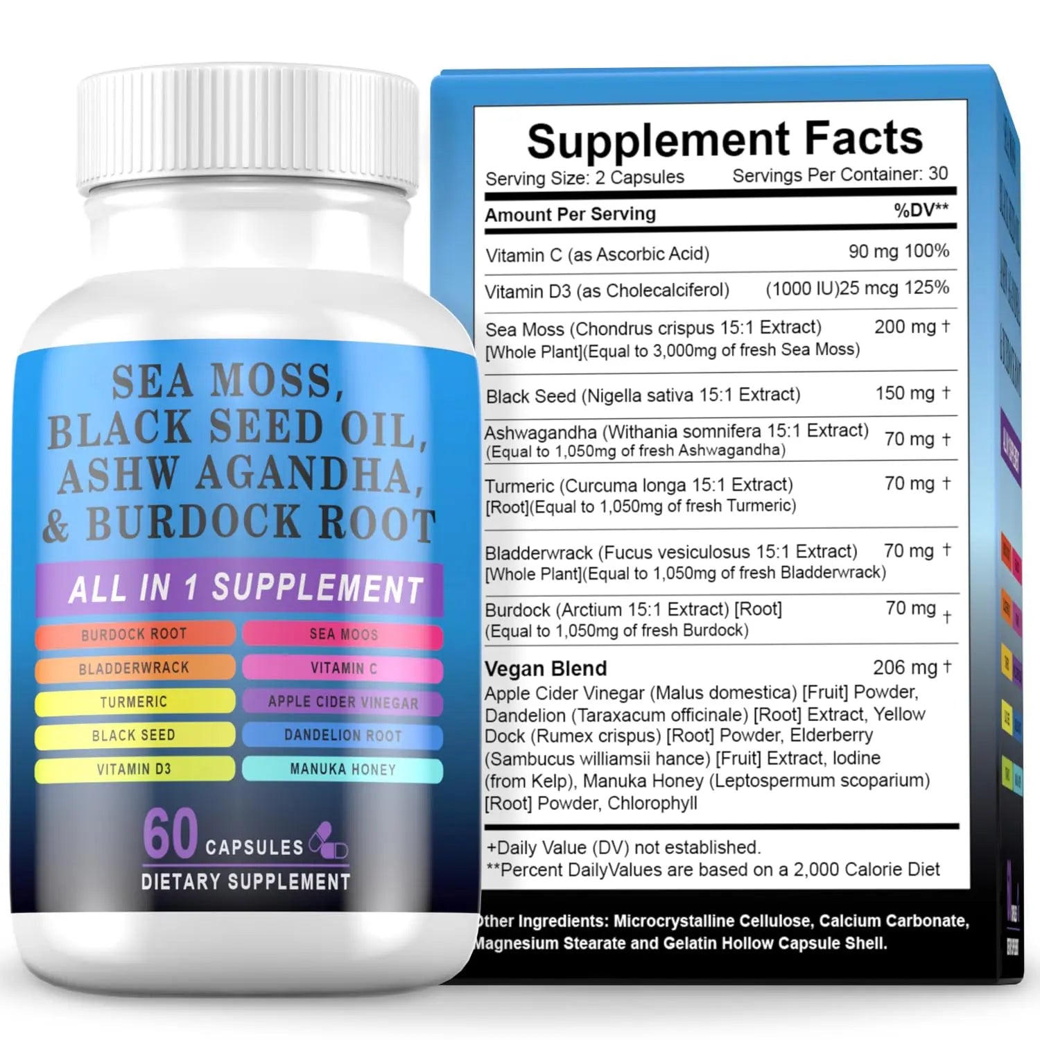 Pyzor Sea Moss Black Seed Oil Ashwagandha Turmeric Bladderwrack Burdock, Elderberry Manuka Dandelion, Burdock Root Turmeric Vitamin D3 Chlorophyll - 60 Capsules PyzorAu supplements