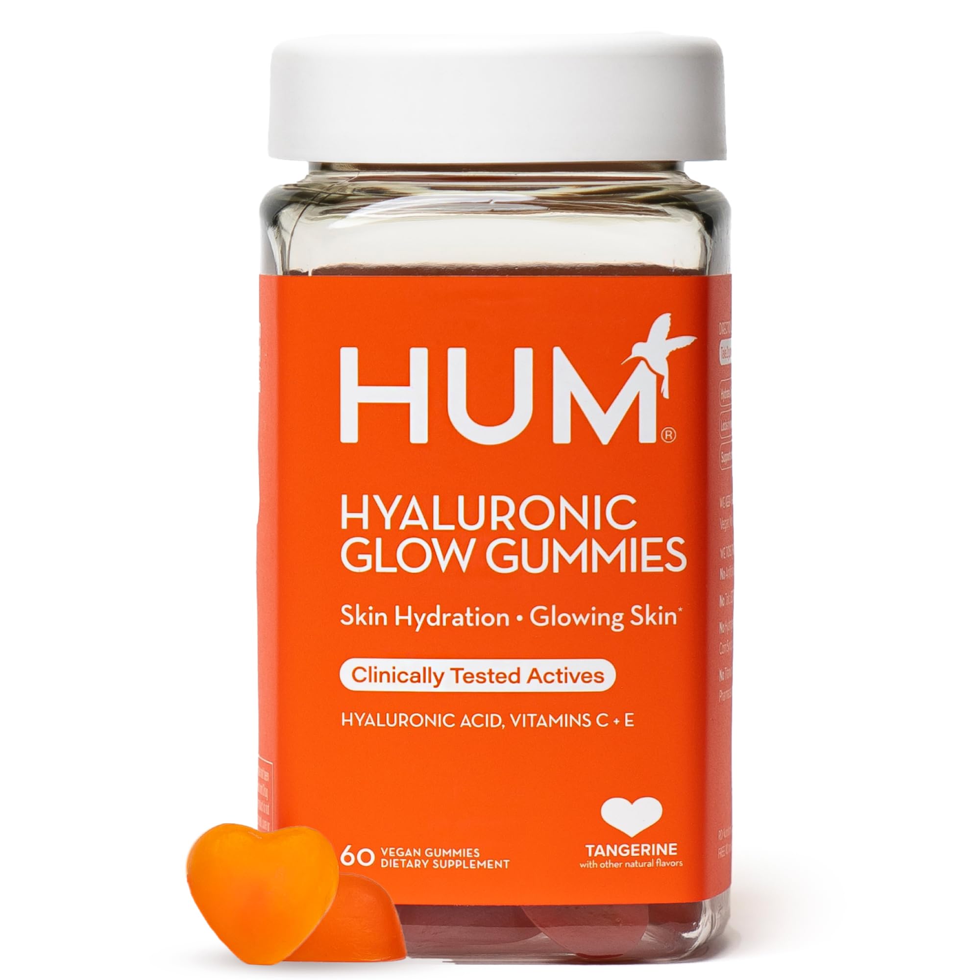 HUM Hyaluronic Glow Hydrating Skin Care Supplement, with Low Molecular Hyaluronic Acid, Vitamin C from Amla Fruit, and Vitamin E, Antioxidant Support for Skin Hydration, Tangerine, 60 Vegan Gummies HUMUS supplements