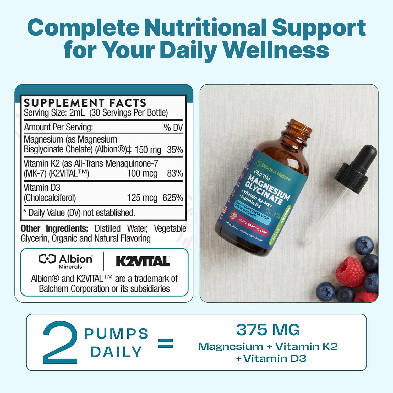 Magnesium Glycinate, Vitamin K2 & D3 Supplement – GMO-Free – VIT D MK7 K2 Vitamin Supplement & Magnesium Blend – with Nutrients for Bone Nutrition & Cardiovascular Function (Mixed Berry, 60 mL) Drops Of NatureAu supplements