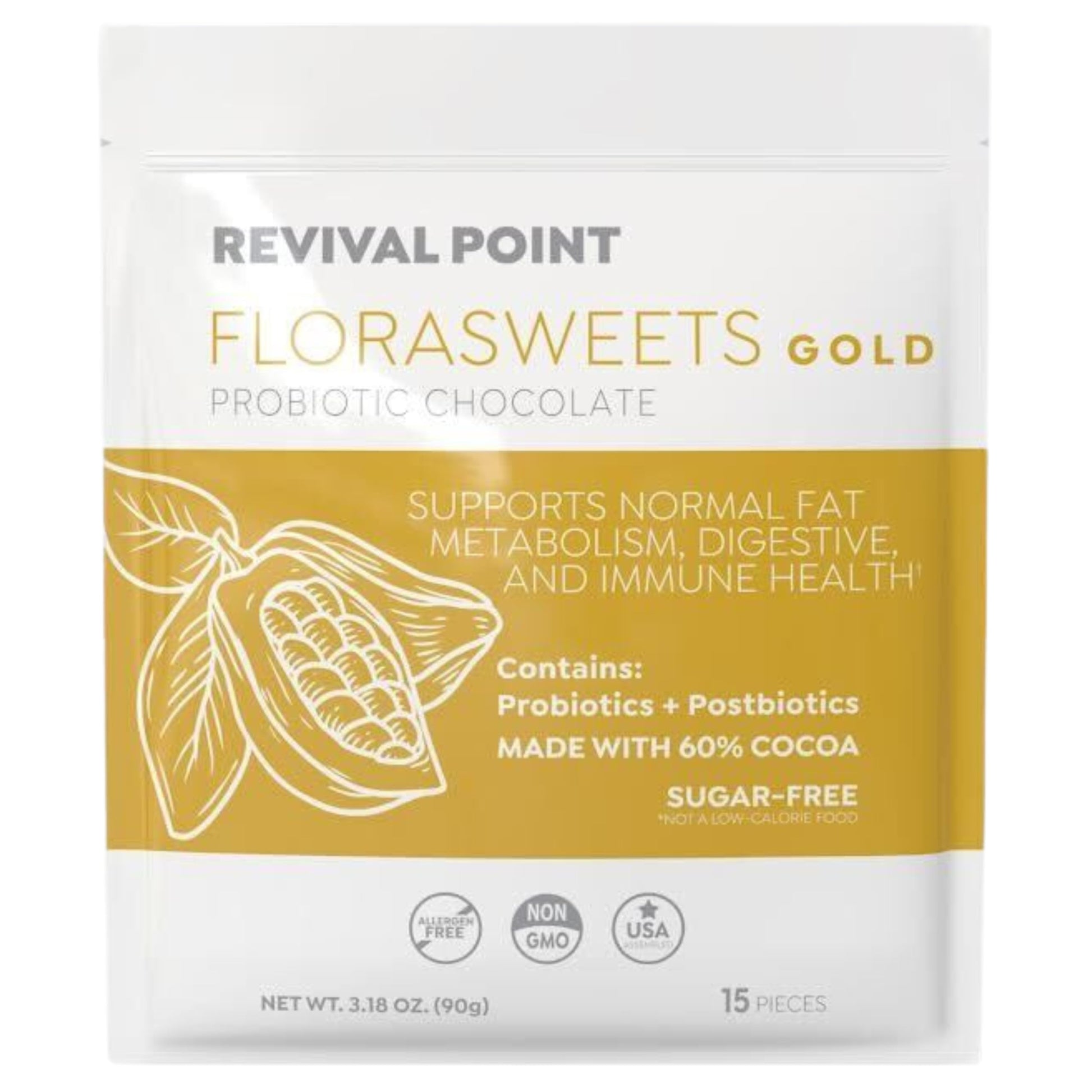Revival Point Florasweets Gold Chocolate Bites with Probiotic + Postbiotic Stains DE111 & BPL1 - Indivally Wrapped - Supports Digestive & Gut Health Bacillus subtilis (1) Revival PointAu supplements
