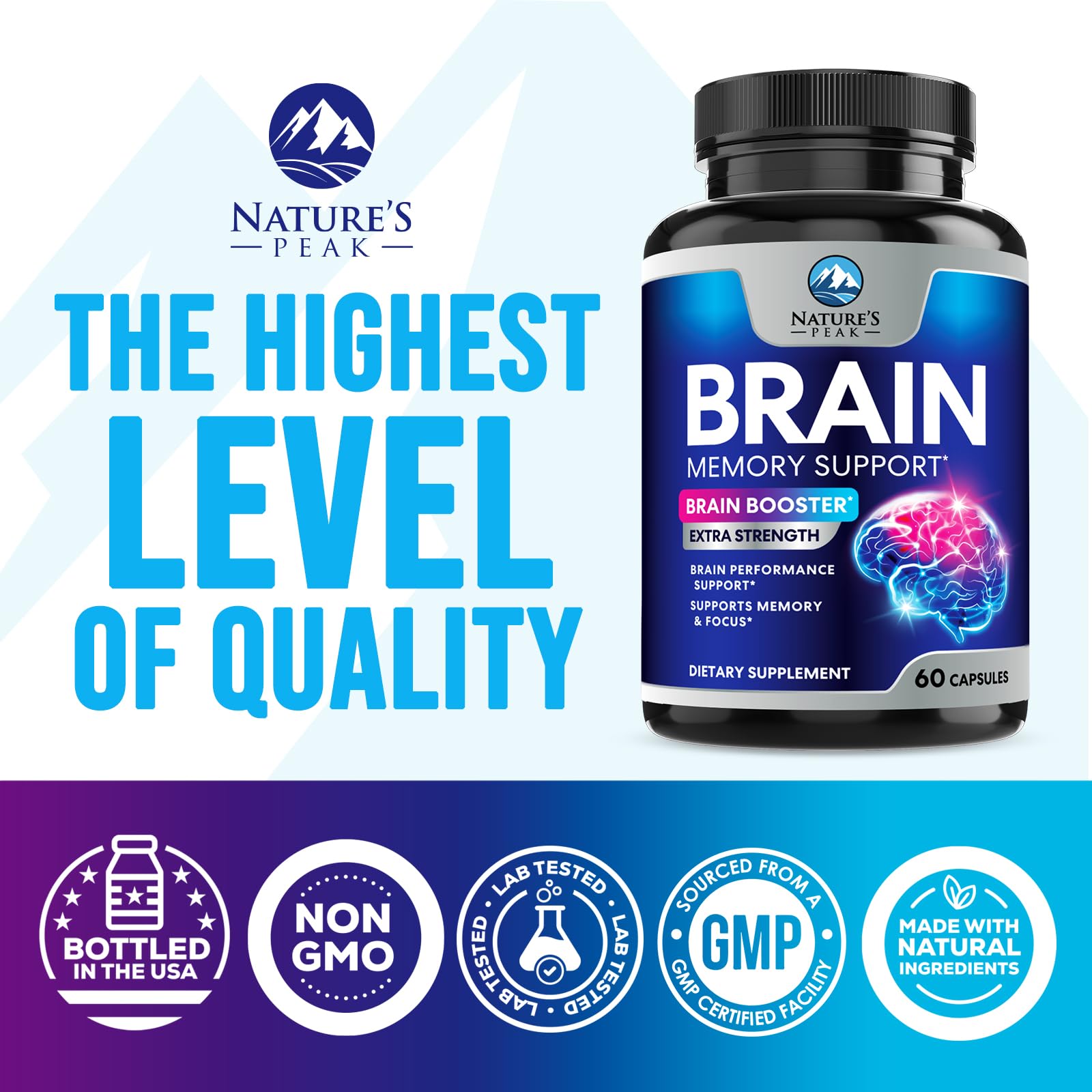 Brain Memory Supplement - 3X Strength Nootropics for Concentration, Clarity & Focus Support - Brain Health Cognitive Vitamins with Bacopa, Phosphatidylserine & DMAE, Brain Booster Pills, 60 Capsules Nature's PeakAu supplements