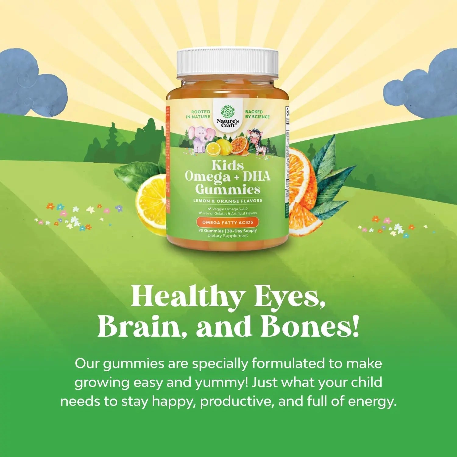Bundle of Plant Based Kids Multivitamin Gummies with Vitamins A C D3 E B Zinc and DHA Omega 3 Gummies with Vegetarian 6 9 for Vision Brain Immunity Support Natures CraftAu supplements