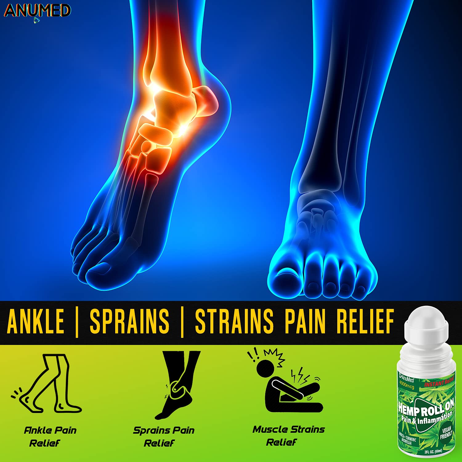 ANUMED Hemp Roll-On 4000mg Pain Relief. Fast Acting, Long Lasting, Maximum Strength with Arnica + Turmeric for Anti-Inflammatory, Natural Recovery, Joint, Muscle, Nerve Pain Reliever 2 Packs of (1oz) AnuMed InternationalAu supplements