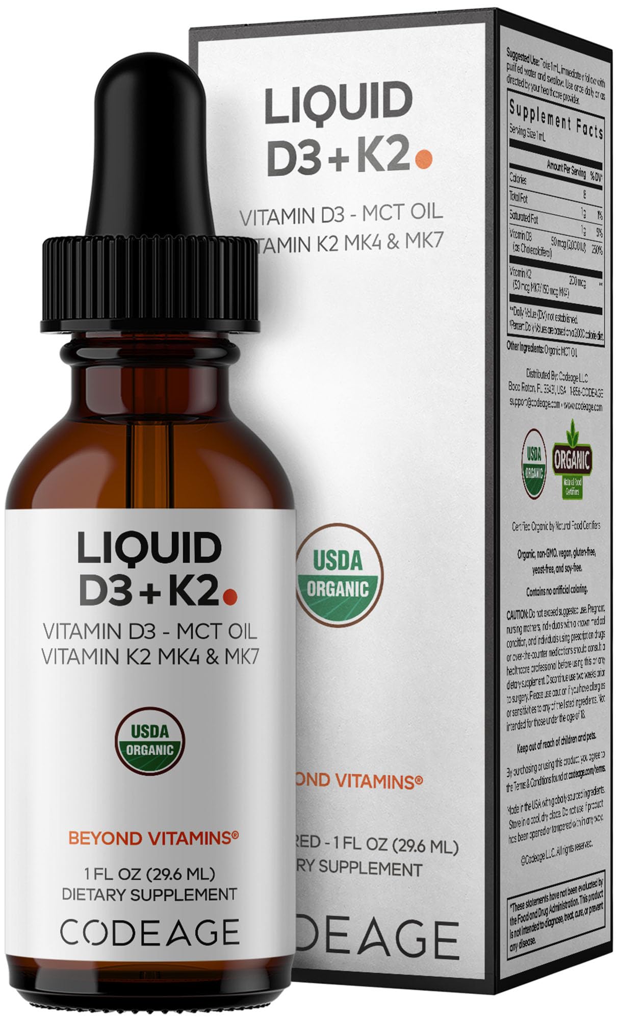 Codeage Liquid D3+K2 Vitamins USDA Organic - Vitamin D3 2000 IU, Vitamin K2 (MK4 & MK7) Liquid Drops - Immune Support - Unflavored - Organic MCT Oil - Non-GMO - 1 fl oz CodeageAu supplements