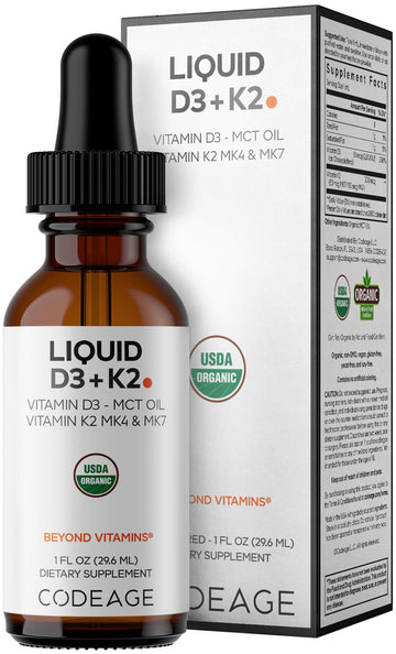 Codeage Liquid D3+K2 Vitamins USDA Organic - Vitamin D3 2000 IU, Vitamin K2 (MK4 & MK7) Liquid Drops - Immune Support - Unflavored - Organic MCT Oil - Non-GMO - 1 fl oz CodeageAu supplements