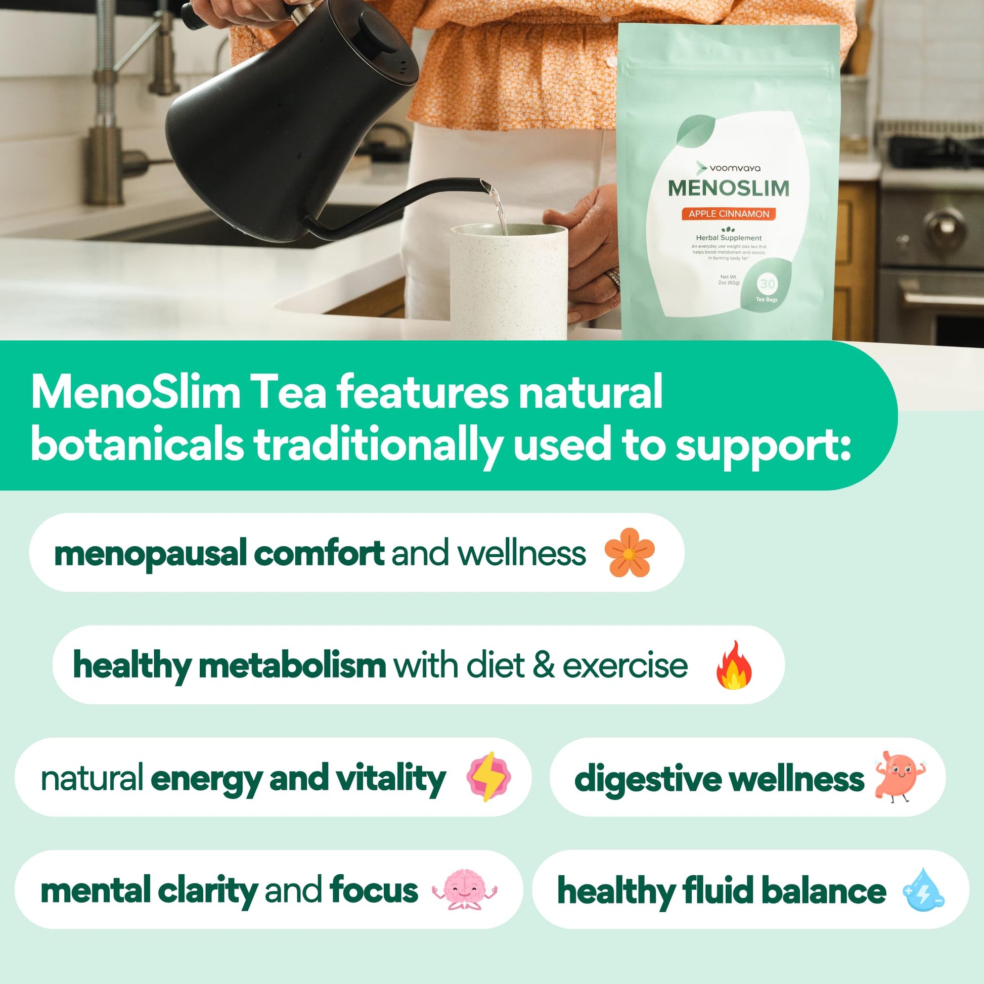 VoomVaya MenoSlim Tea – Menopause & Perimenopause Supplement for Women – Supports Healthy Metabolism & Overall Wellness – Acai Berry Flavor – 30 Tea Bags VoomVayaAu supplements