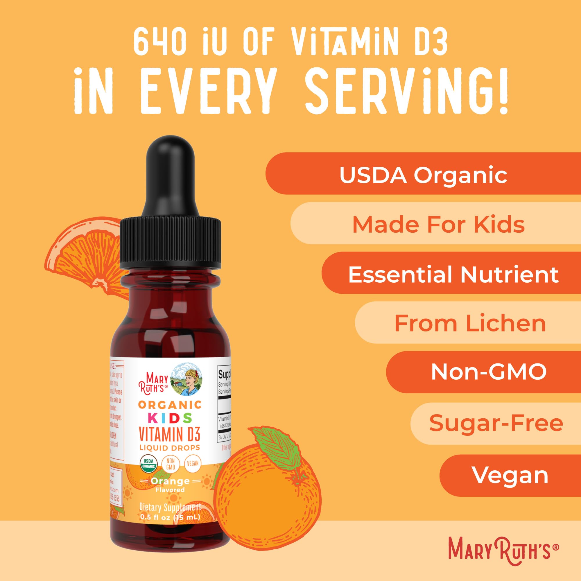 MaryRuth Organics USDA Organic Vitamin D3 Liquid Drops for Kids | 640 IU Vitamin D3 Per Serving | Kids Immune Support & Bone Health Supplement | Formulated for Ages 4-13 | 0.5oz | 30 Servings MARYRUTH'SUS supplements