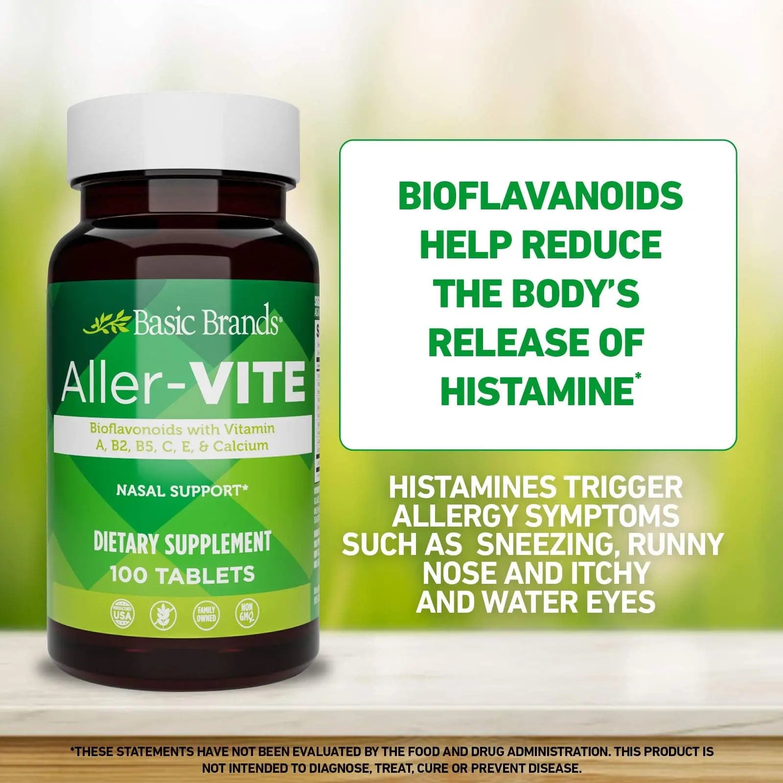 Basic Brands Aller Vite Nasal Support Tablets for Seasonal Allergy Relief, High Bioflavonoid Complex with Vitamins and Calcium, Gluten Free Daily Supplement, 100 Tablets Basic Brandsnz supplements
