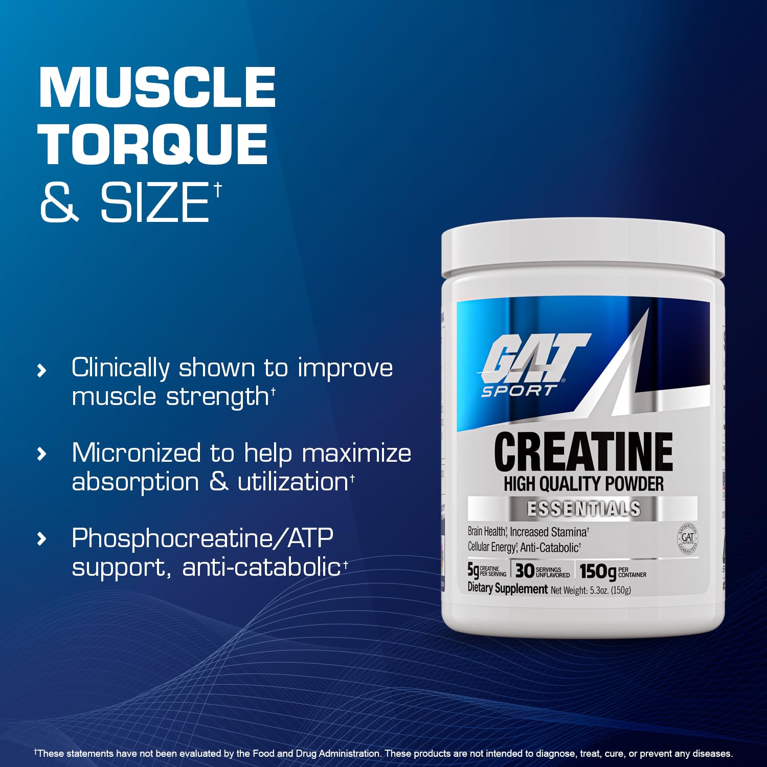 GAT SPORT Creatine Monohydrate Powder, 150 Grams, Strength, Brain Health, GLP1 Support Anti-oxidant, Endurance, for Men & Women, 1 Month Supply, Unflavored (30 Servings) GAT SPORTAu supplements