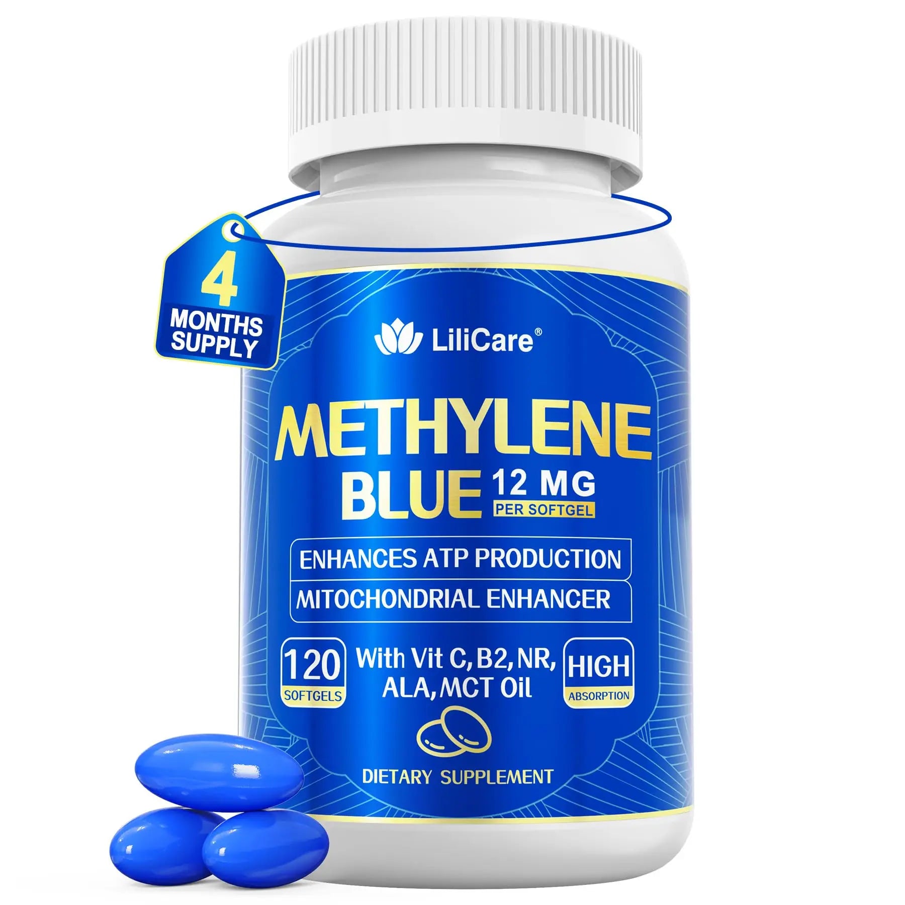 LILICARE Advanced 12mg Methylene Blue Softgels for Humans | Upgraded Brain & Cellular Energy Supplement with CoQ10, NR & ALA | High Absorption Formula, Non-GMO, Mitochondrial & ATP Support, 120 Cts LILICAREAu supplements