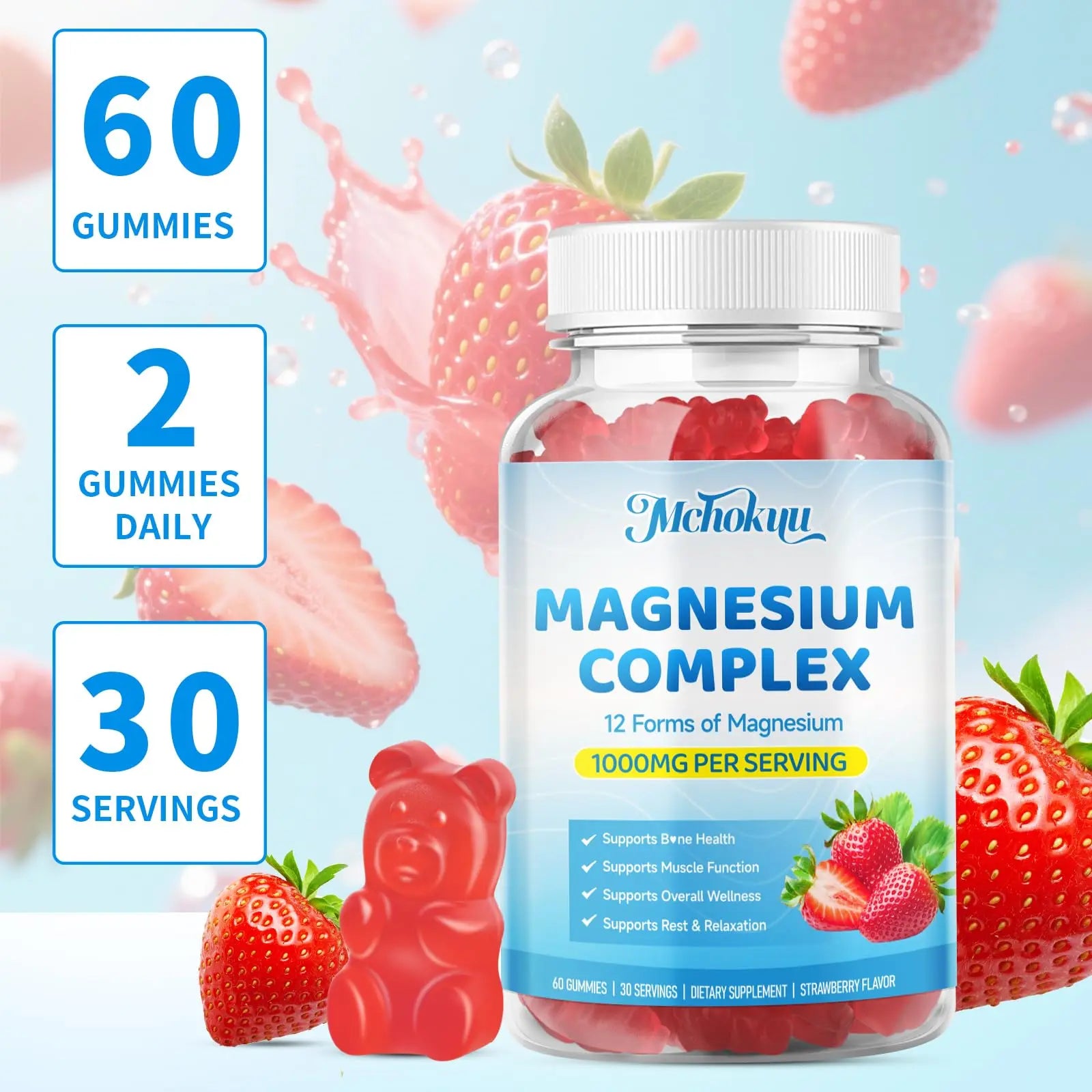 Magnesium Complex Gummies 1000mg | 12-in-1 Magnesium Complex Supplement with Glycinate, Citrate, Malate & Taurate Supports Muscle Function, Bone Health, Rest & Relaxation – Strawberry Flavor, 60 Count Mchokuunz supplements