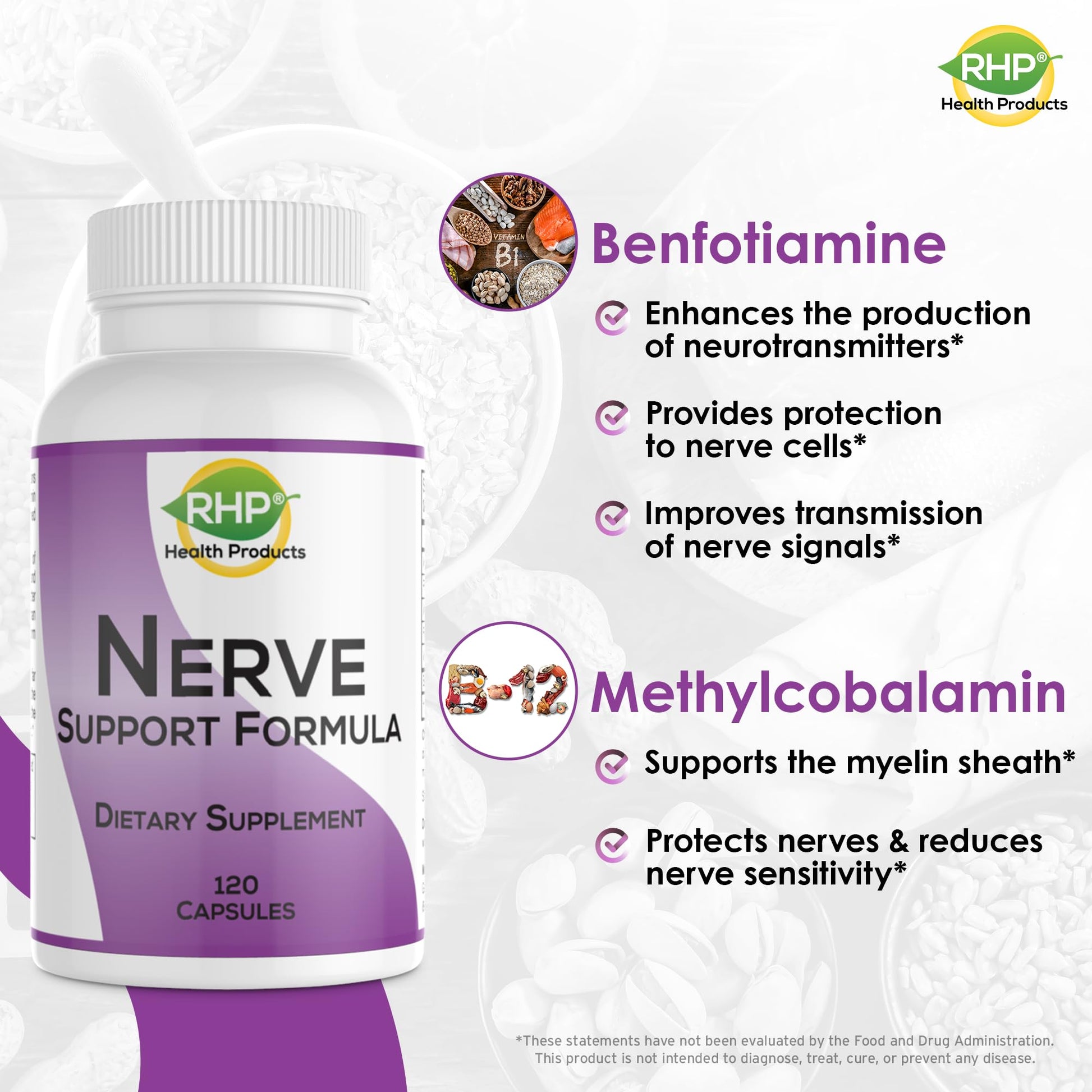 RHP Nerve Support Formula. Nutritional Support of Neuropathy, Nerve Relief from Aches, Nerve Pain & Discomfort. B-Complex with Benfotiamine and Methyl B12. 120 Capsules RHPAu supplements