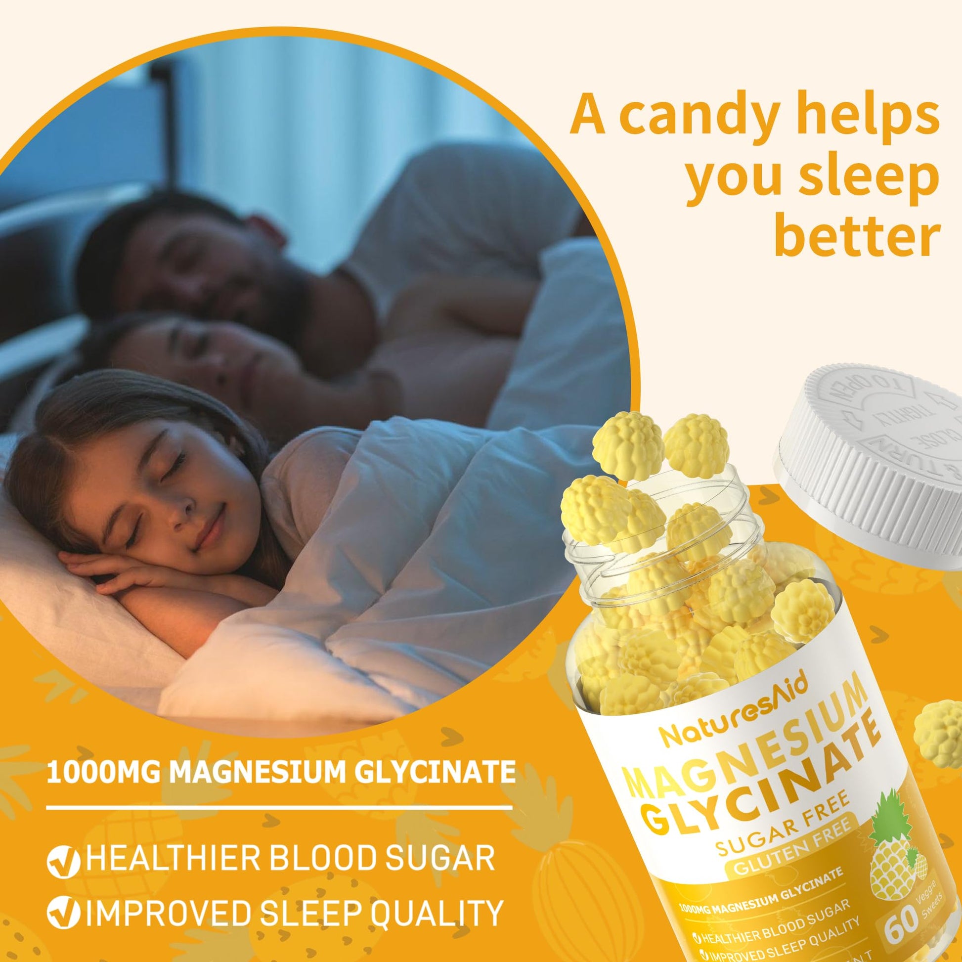Magnesium Glycinate Gummies 1000mg - Sugar Free Magnesium Potassium Supplement with Vitamin D, B6, CoQ10 for Calm Mood & Sleep Support - 60 Pineapple Gummies -1 Pack Natures AidAu supplements