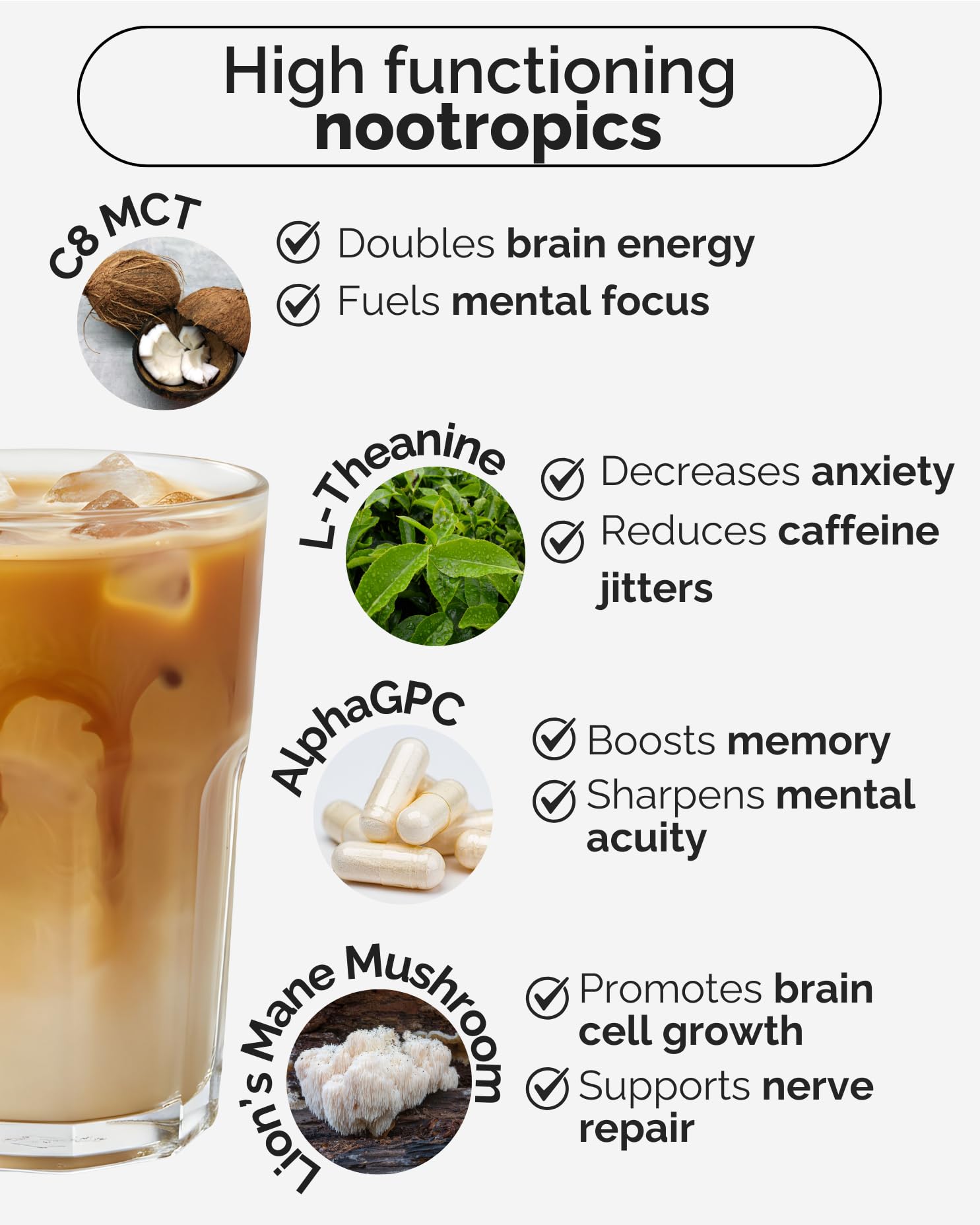 Keto Brainz C8MCT Based Nootropic - with 500mg Lion's Mane Mushroom, AlphaGPC & L-Theanine This is The Ultimate Easy to use nootropic Stack & Makes Delicious Mushroom Coffee! 16oz. 30 Servings Keto BrainzAu supplements