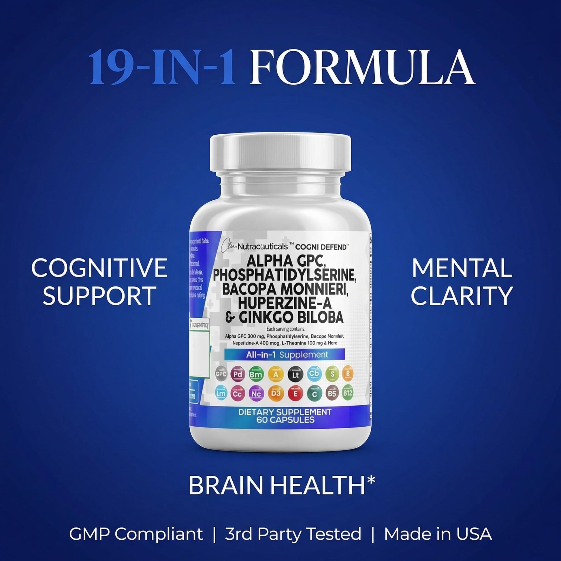 Brain Supplement Alpha GPC 300mg Phosphatidylserine Bacopa Monnieri Ginkgo Biloba Lions Mane Huperzine A L-Theanine NAC Nootropic Memory Focus Cognitive Support Vitamins B C D E 60 Capsules USA Clean NutraceuticalsAu supplements