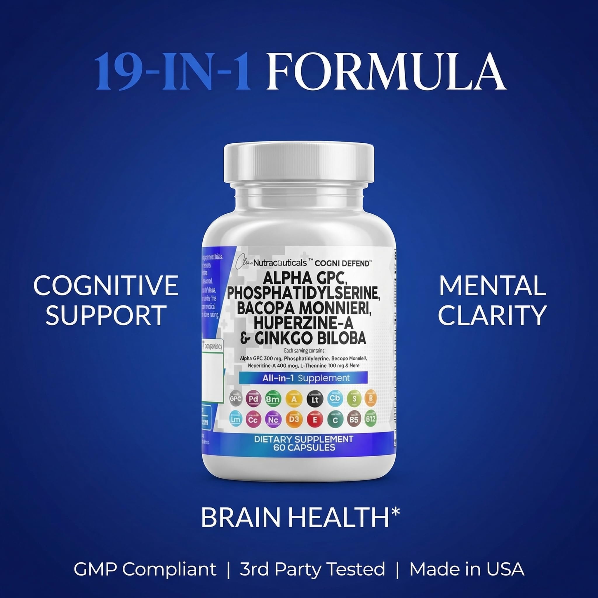 Brain Supplement Alpha GPC 300mg Phosphatidylserine Bacopa Monnieri Ginkgo Biloba Lions Mane Huperzine A L-Theanine NAC Nootropic Memory Focus Cognitive Support Vitamins B C D E 60 Capsules USA Clean NutraceuticalsAu supplements