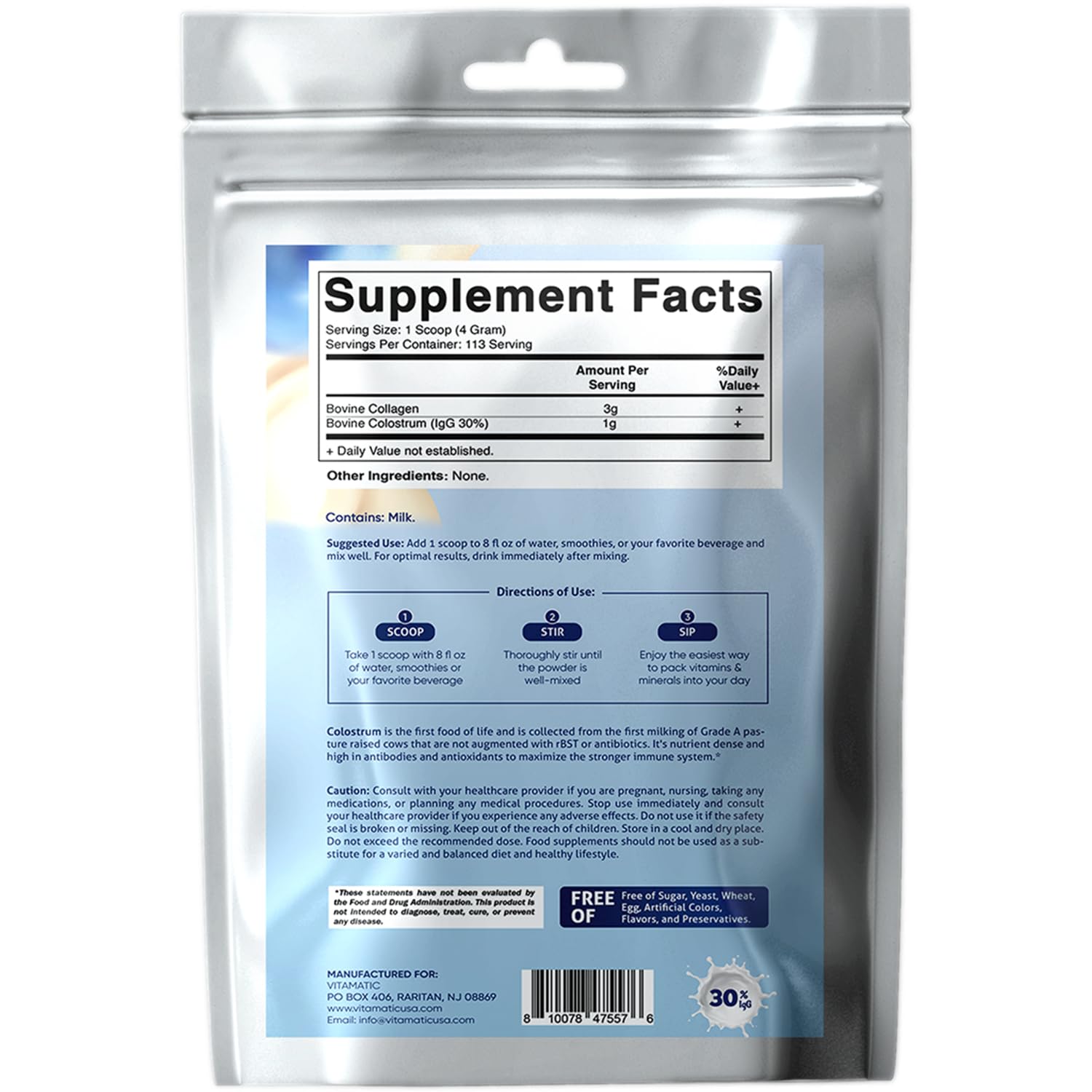 Vitamatic Bovine Colostrum + Collagen Powder - Supplement for Gut Health, Hair Growth, Beauty, Muscle Recovery, & Immune Support - Easy to Mix - Unflavored - 454 Gram, (16 oz) VitamaticAu supplements