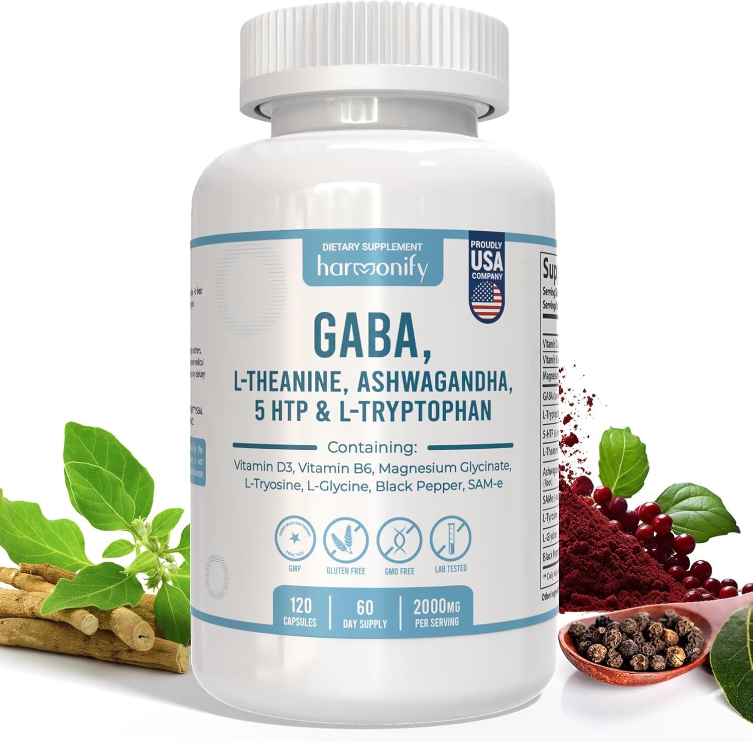 HARMONIFY GABA L-Theanine Supplements with Magnesium Glycinate, Ashwagandha, Same, 5-HTP and L-Tryptophan, 12 in 1 Supplements, 120 Capsules, 2000 mg HARMONIFYAu supplements