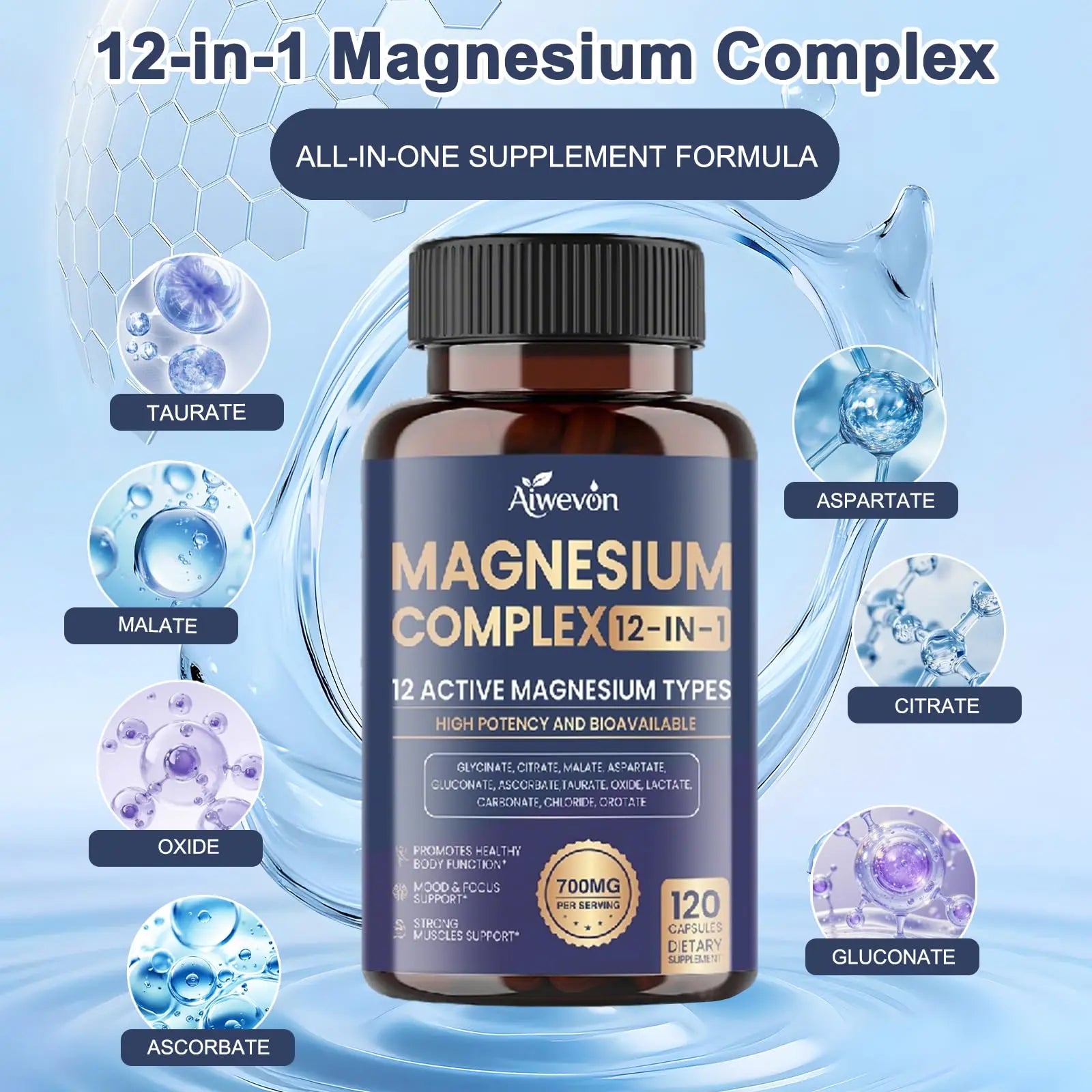 Magnesium Complex 700mg, 12 in 1 Magnesium Supplement with Glycinate, Citrate, Malate, Oxide, Taurate & Orotate, High Absorption Magnesium for Sleep, Muscle, Nerve & Heart Support, Vegan, 120 Capsules Aiwevonnz supplements