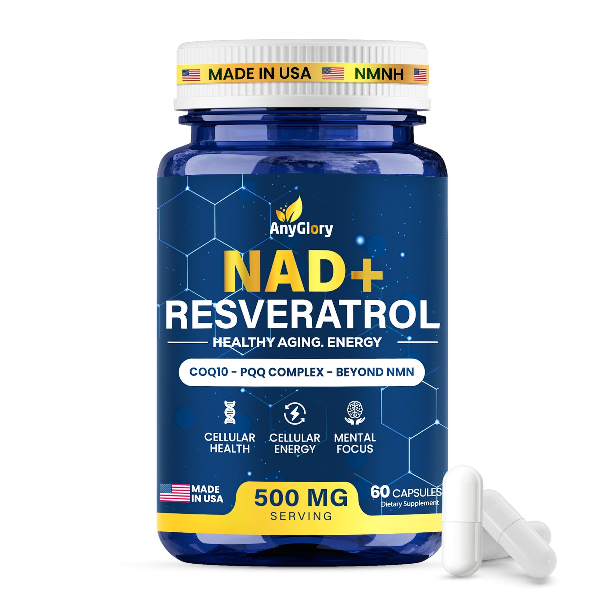 Anyglory NAD+ Supplement with 500mg NR, Resveratrol, CoQ10, PQQ- 5-in-1 NAD Formula |NMN Supplement Alternative|NAD Resveratrol Support Cellular Energy & Healthy Aging-Made in USA-60 Capsules AnygloryAu supplements