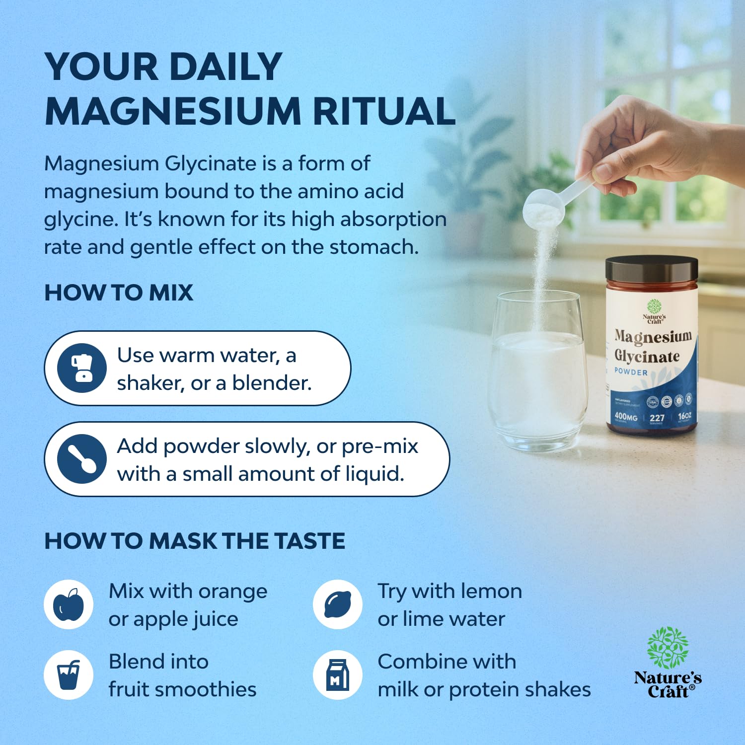 Potent Magnesium Glycinate Powder 400mg - Calm Magnesium Powder Bulk for Muscle Relax, Calm & Sleep Support for Adults - Glycinate Mag Soothe Vegan & Non-GMO Supplement - 1 Pack Natures CraftAu supplements