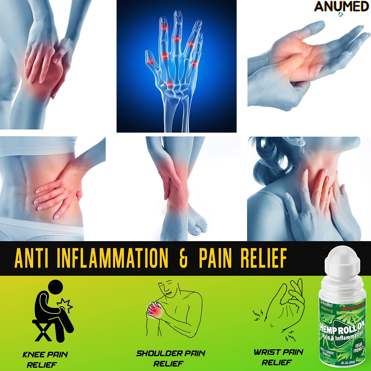 ANUMED Hemp Roll-On 4000mg Pain Relief. Fast Acting, Long Lasting, Maximum Strength with Arnica + Turmeric for Anti-Inflammatory, Natural Recovery, Joint, Muscle, Nerve Pain Reliever 2 Packs of (1oz) AnuMed InternationalAu supplements