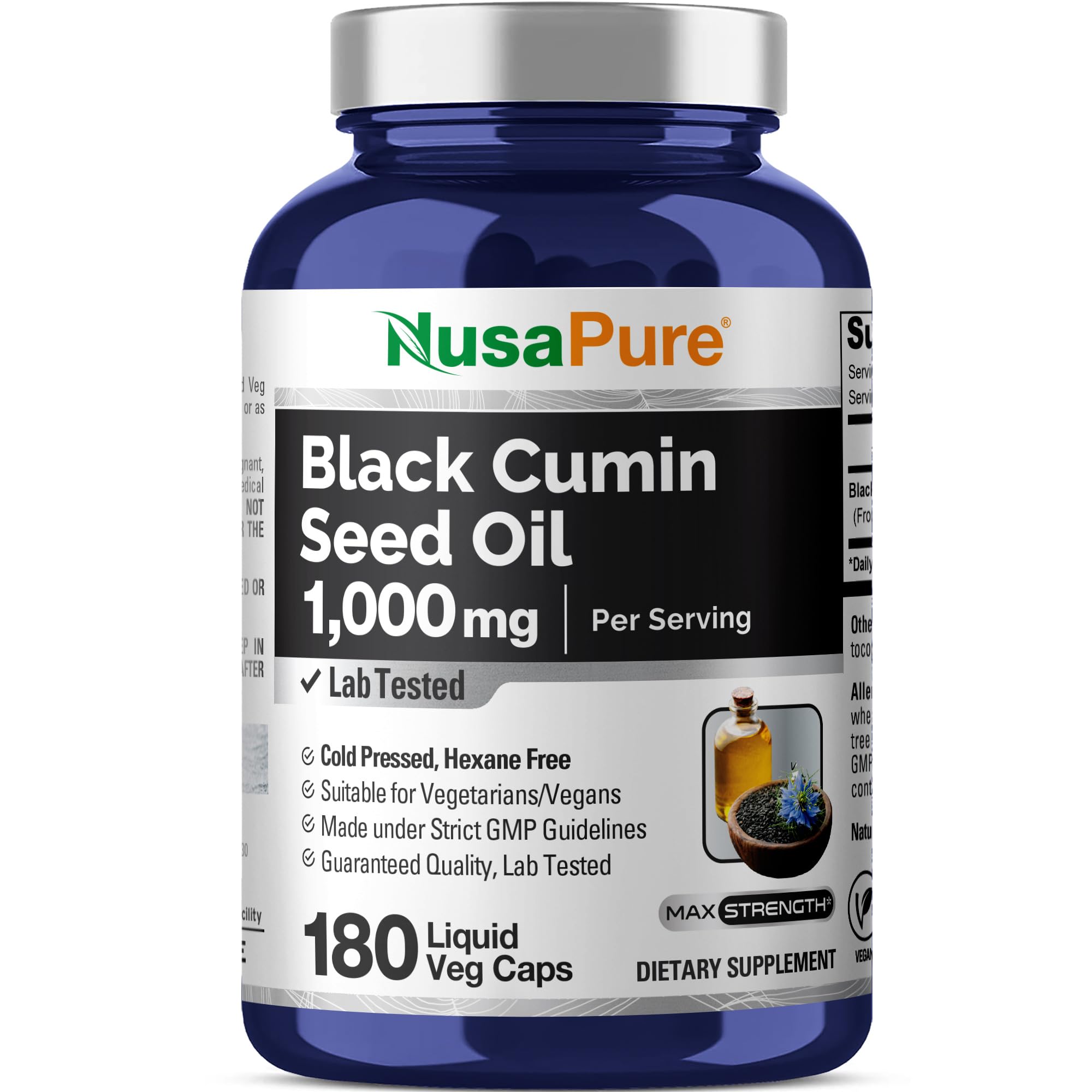 NusaPure Black Seed Oil 1,000 mg per Serving 180 Softgel Capsules (Non-GMO, Vegetarian & Vegan) Cold-Pressed Virgin Nigella Sativa. Hexane Free NusaPureAu supplements