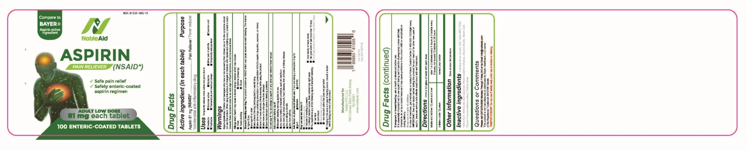 Pure Low Dose Baby Aspirin 81mg for Adults, 100 Count Enteric Coated Aspirin Tablets for Men and Women, Safe Relief for Symtoms Associated with Headache, Arthritis, Cramps NobleAidAu supplements