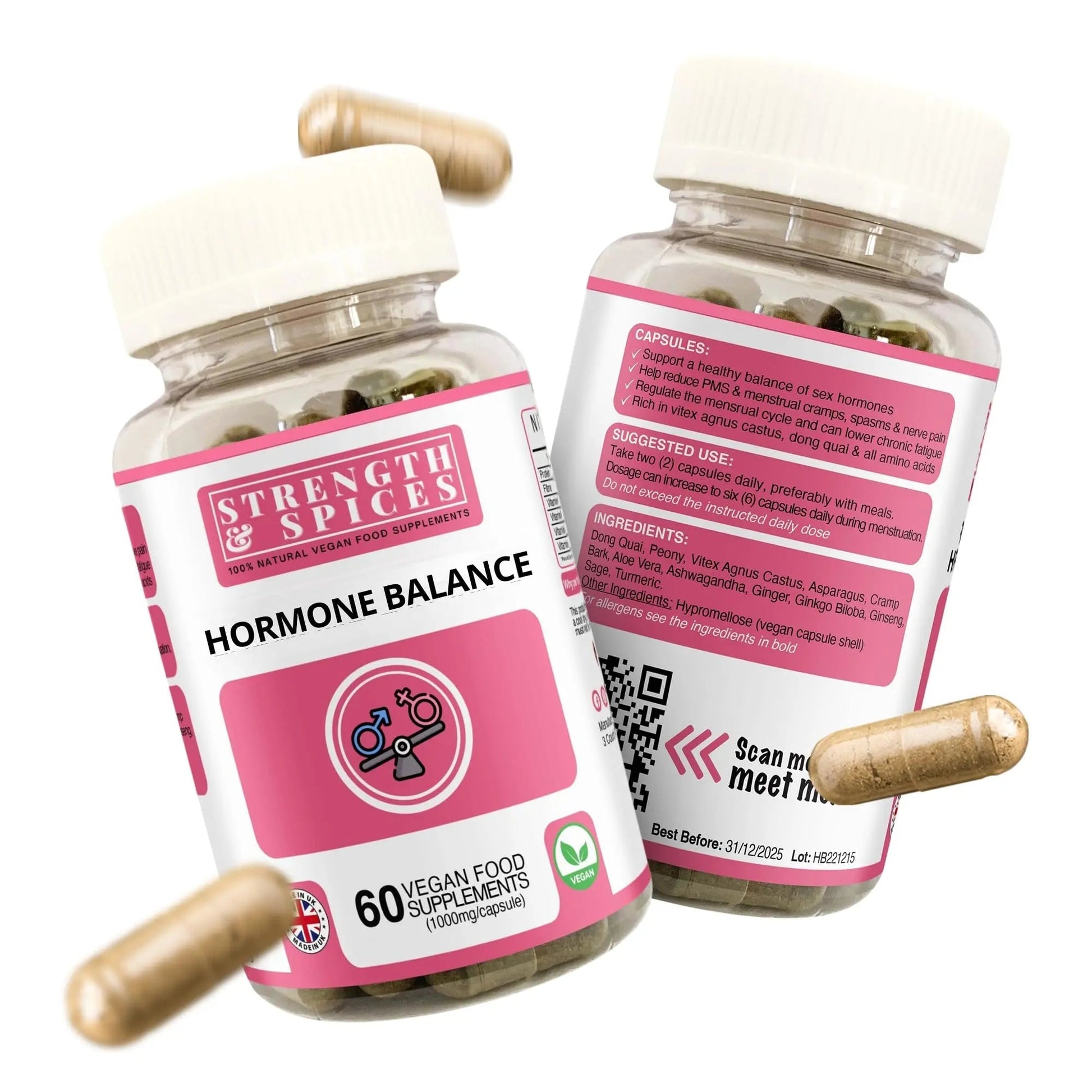 Strength & Spices Hormone Balance 100% Natural Estrogen Supplement – 12 Ingredients w Dong Quai - 60 Vegan UK Made 1000mg Capsules – Fertility and Menstrual Comfort STRENGTH & SPICES100% Natural Vegan Food SupplementsAu supplements