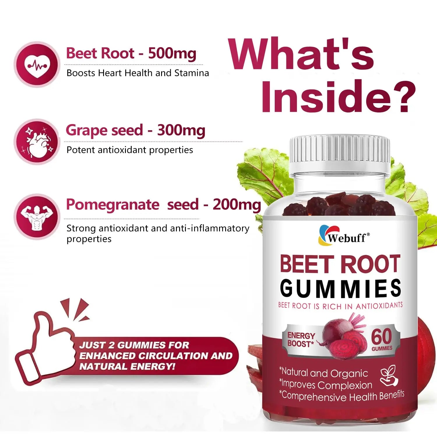 Webuff Beet Root Gummies - Nitric Oxide Booster with Organic Beet, Pomegranate & Grape Seed, Vitamin B12 - Energy, Circulation & Heart Health Support, Vegan, Non-GMO, 60 Count (Pack of 1) Webuffnz supplements