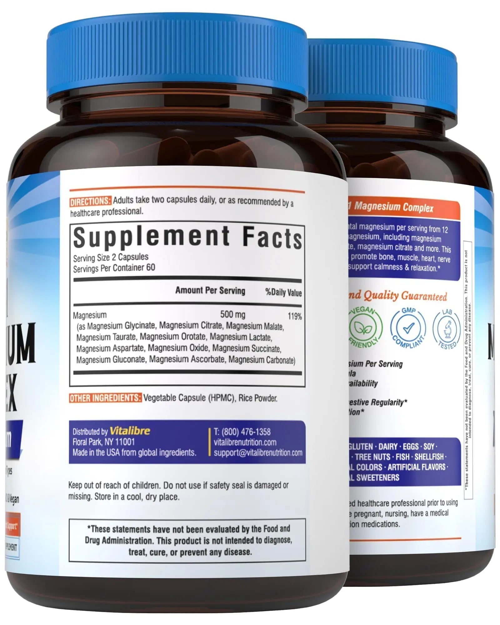 Vitalibre 12 in 1 Magnesium Complex Supplement 500mg | Max Absorption Chelated Magnesium Glycinate Citrate Malate & More for Bone, Nerve & Digestive Support | Non-GMO Vegan Capsules (120 Count) Vitalibrenz supplements