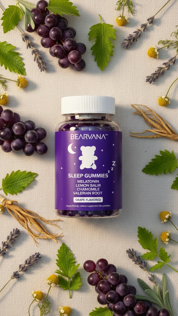 BEARVANA Sleep Gummies with Melatonin | Grape Flavored Vegan Sleep Supplement with Lemon Balm, Chamomile & Valerian Root | Night time Relaxation & Rest Support | 60 Gummies BEARVANAAu supplements