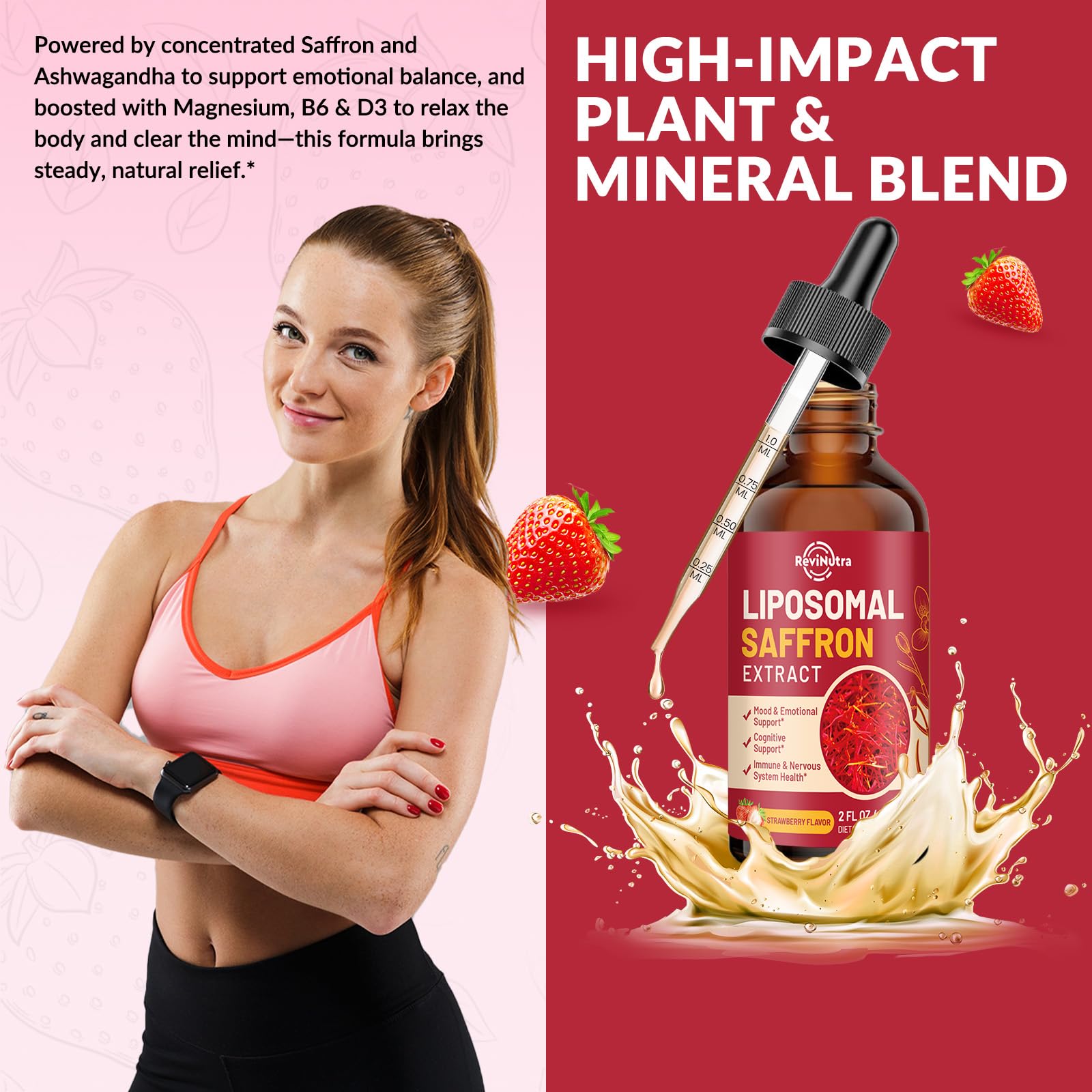 Saffron Supplements - 88.5mg Saffron Extract Liposomal Liquid Drops with Magnesium, Zinc, Ashwagandha, L-Theanine, Vitamin B6, D3 for Antioxidant Mood Energy Vision & Focus, Strawberry Flavor 2 Fl Oz ReviNutraAu supplements