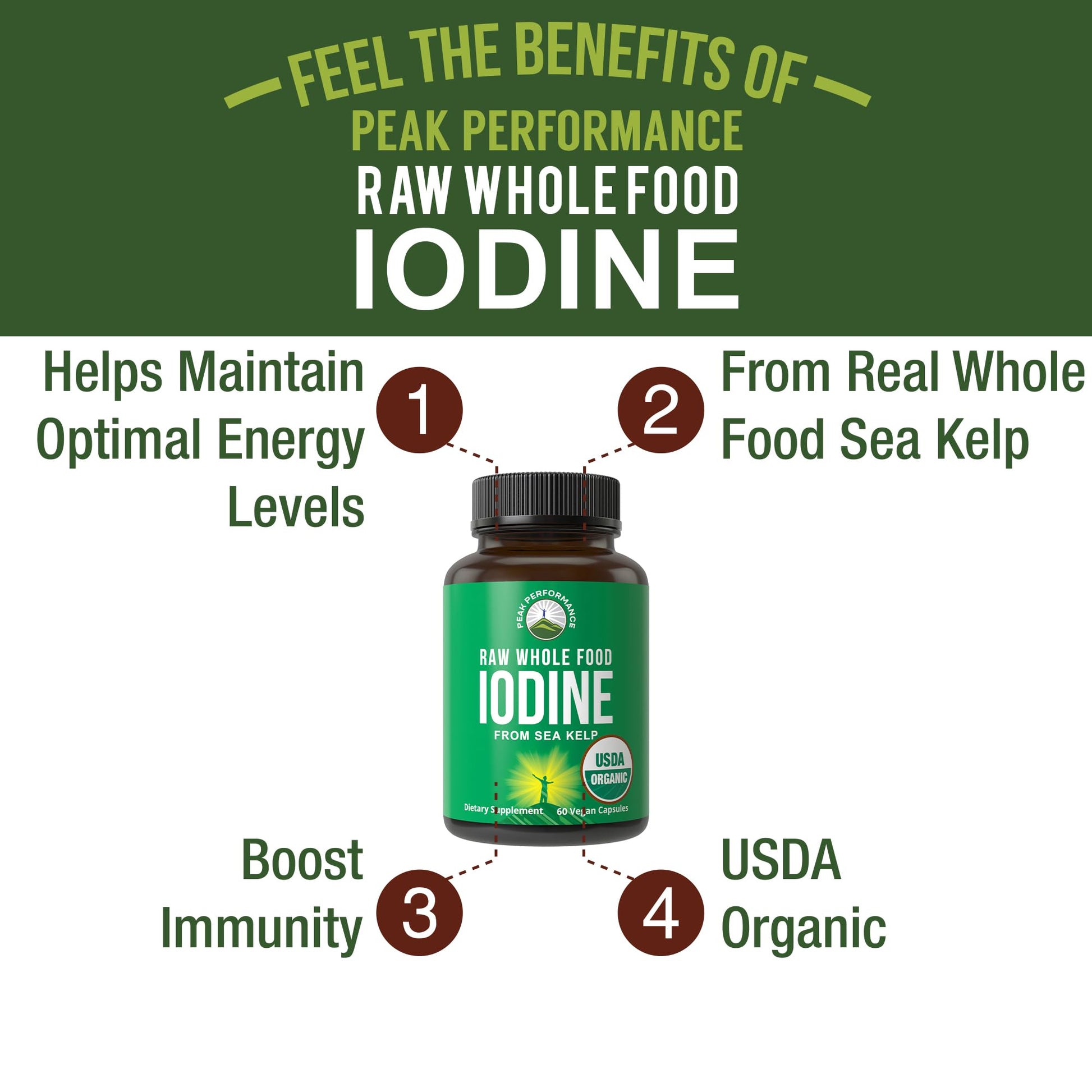USDA Organic Raw Whole Food Iodine Supplement from Kelp (Ascophyllum Nodosum) - Potassium Iodide Tablets Alternative - for Thyroid, Energy, and Immune Support - 60 Vegan Capsules by Peak Performance Peak PerformanceAu supplements