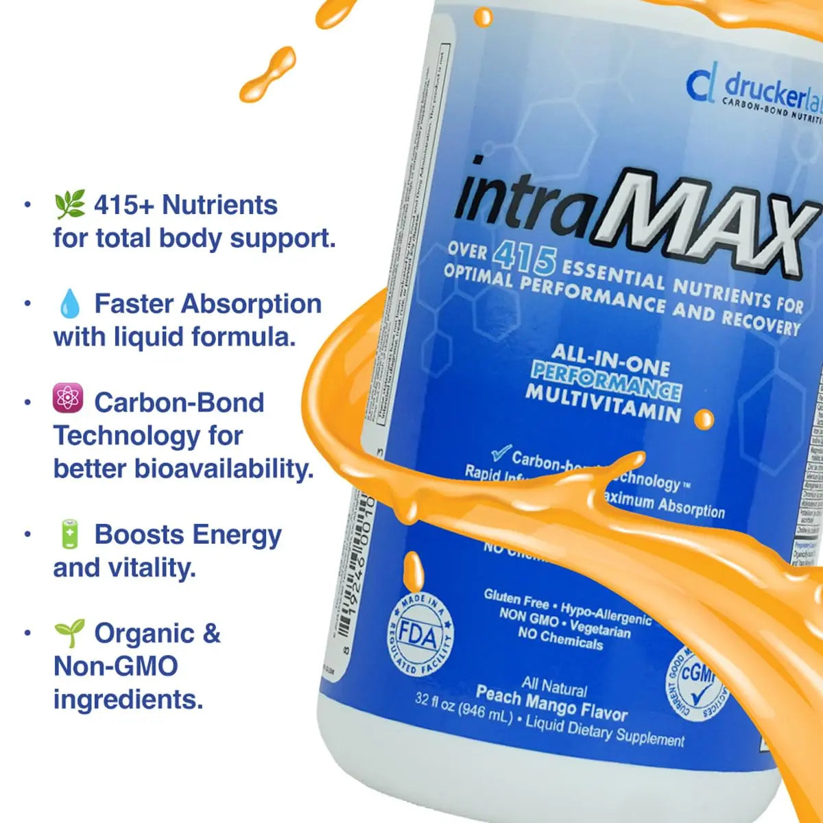 Drucker Labs - intraMAX Organic Liquid Multivitamin, Non GMO, Dairy Free, Gluten Free, Magnesium, Vitamin D, C and E, Zinc (32 oz., Peach Mango) Drucker LabsAu supplements