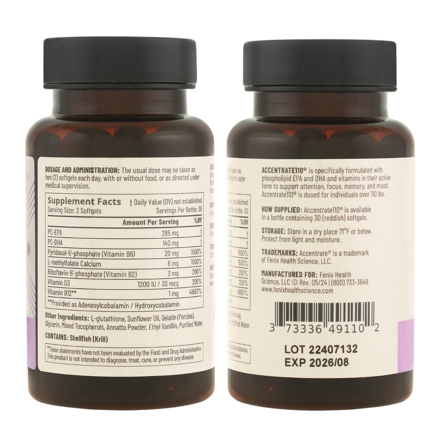 Accentrate110 - Focus Supplement - Methylated Vitamin B Complex with Omega 3 Fatty Acid Supplement - L-Methylfolate, Vitamin B12, P-5-P, Riboflavin, VIT D, – 60 Softgels (1 Month Supply) AccentrateAu supplements