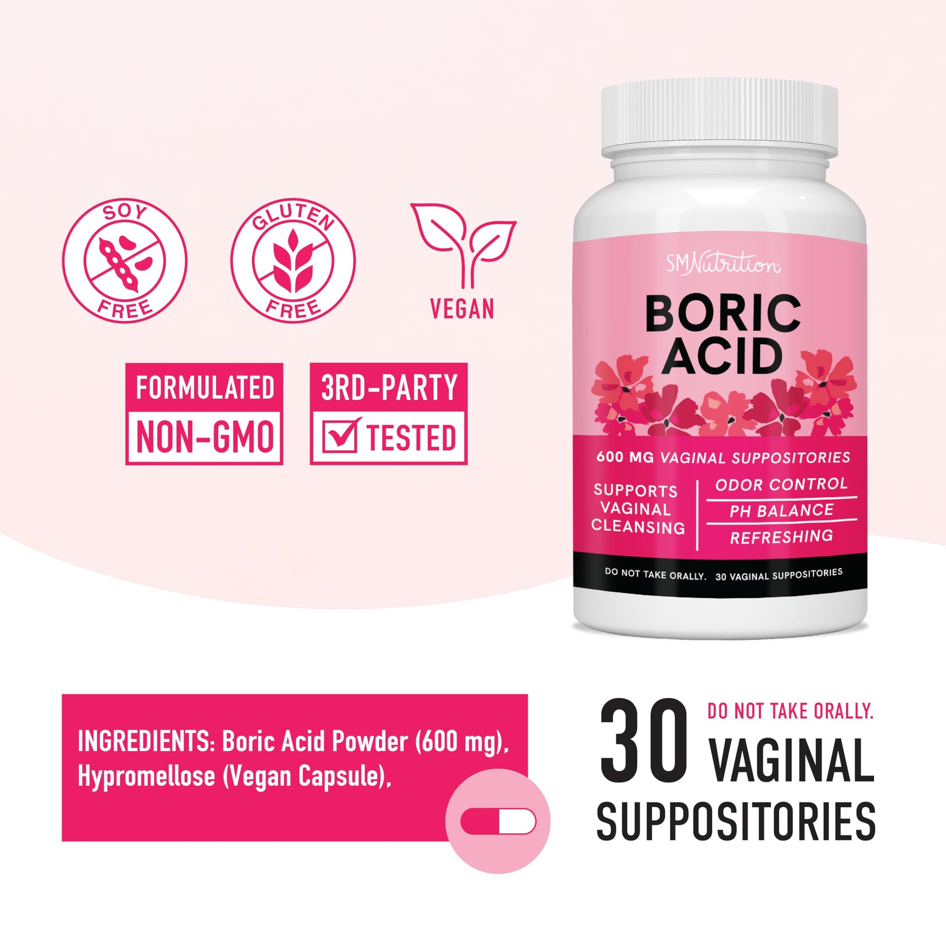 Boric Acid Suppositories for Women | 600mg | for pH Balance, Vaginal Odor & Itching | Feminine Hygiene SMNutritionAu supplements