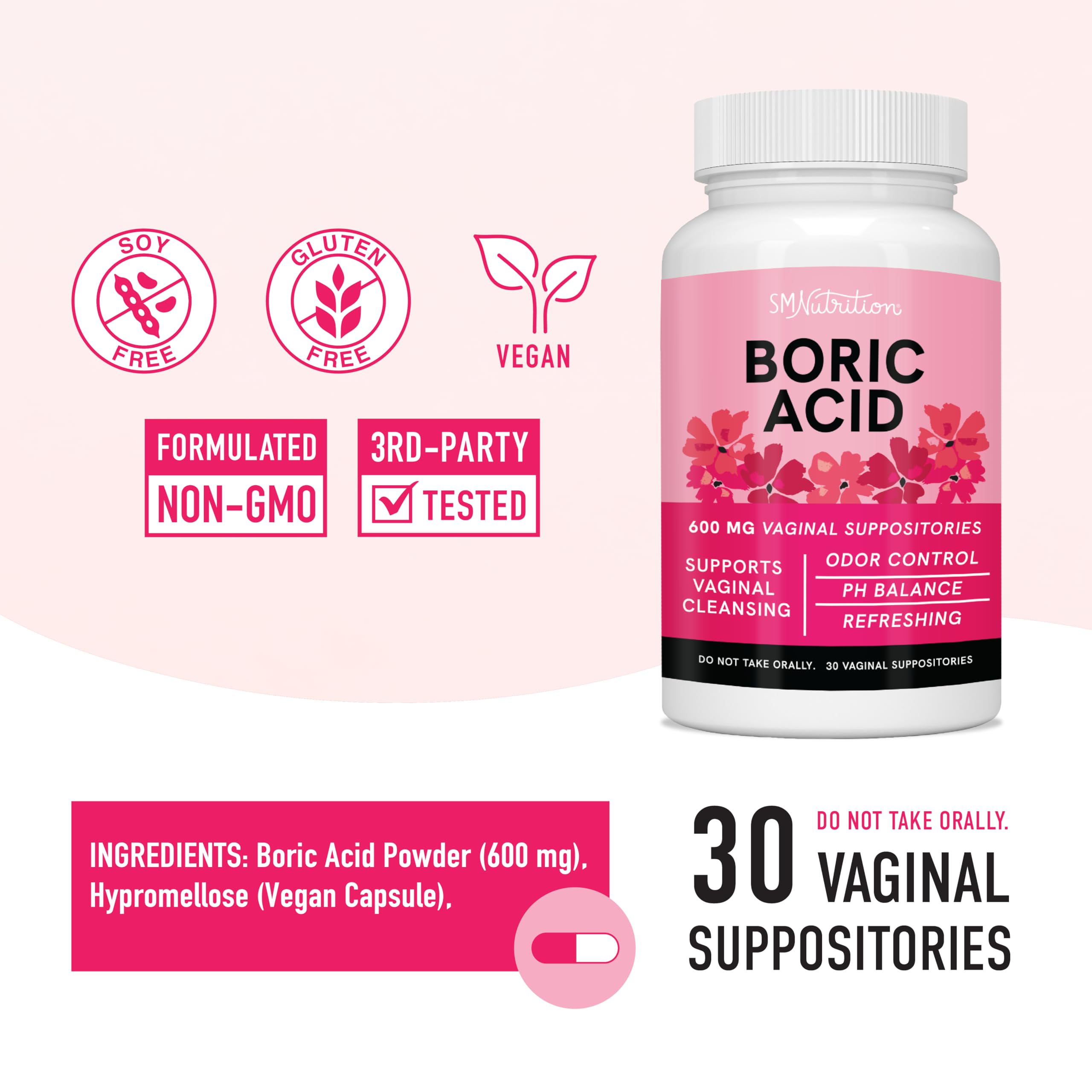 Boric Acid Suppositories for Women | 600mg | for pH Balance, Vaginal Odor & Itching | Feminine Hygiene SMNutritionAu supplements