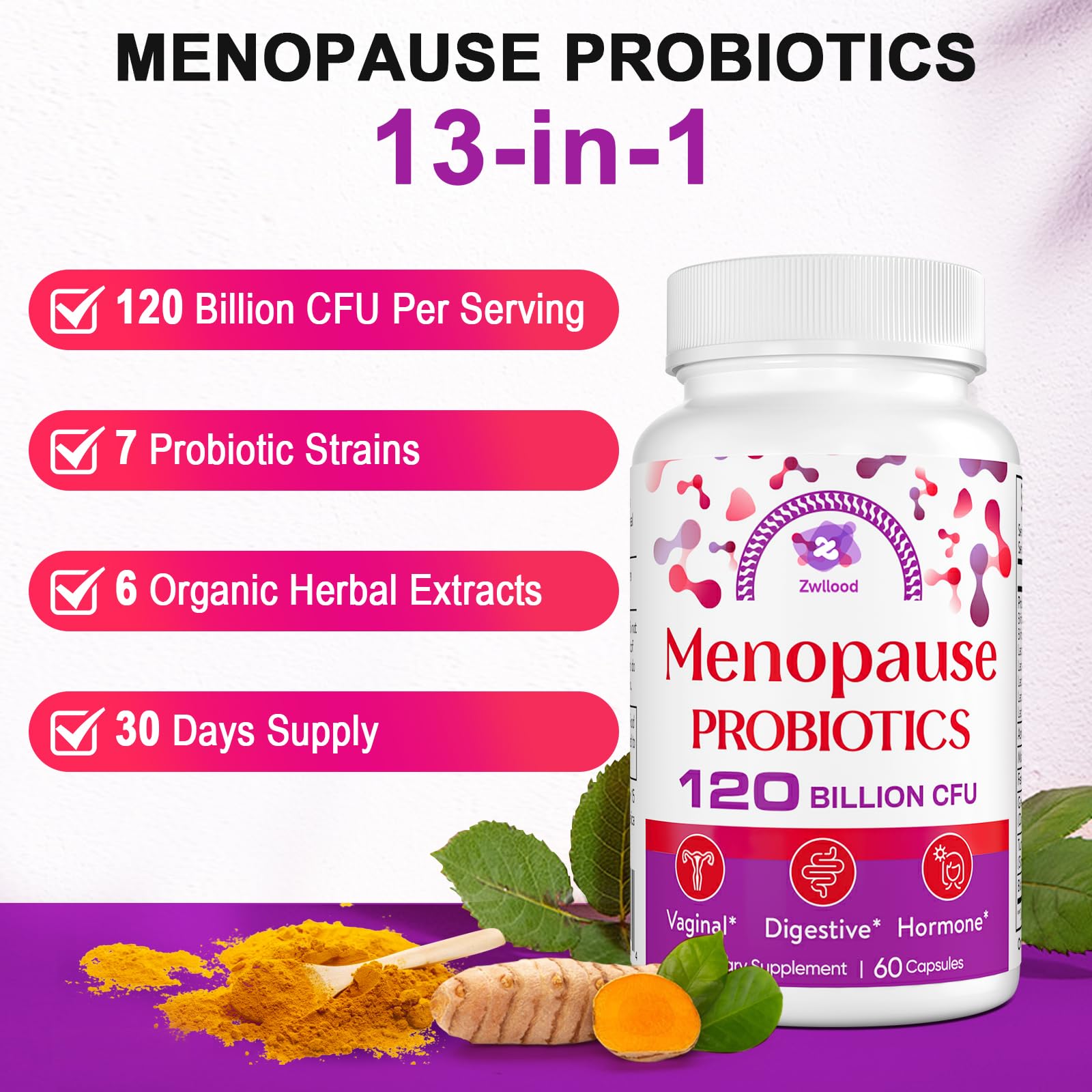 Menopause Supplements for Women, 120 Billion CFU Menopause Probiotics for Women, All-Natural Probiotic for Hot Flashes Menopause, Night Sweats, Mood Swings, Gut and Hormone - 60 Herbal Capsules ZwlloodAu supplements