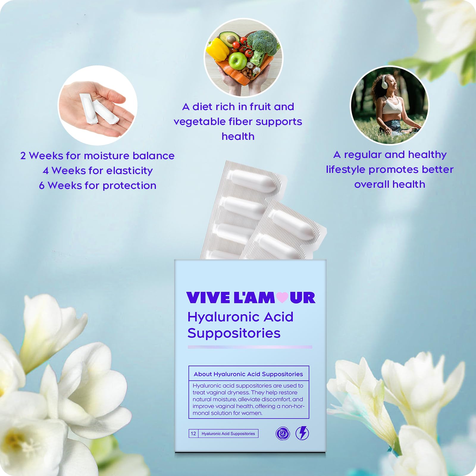 Vive L'Amour 15mg Hyaluronic Acid Vaginal Suppositories (2-Pack, 24 Count), Vaginal Moisturizer, Continuous Hydration, Relieves Vaginal Dryness, Restores Natural Softness & Elasticity, Vaginal Health Vive L'AmourUS supplements