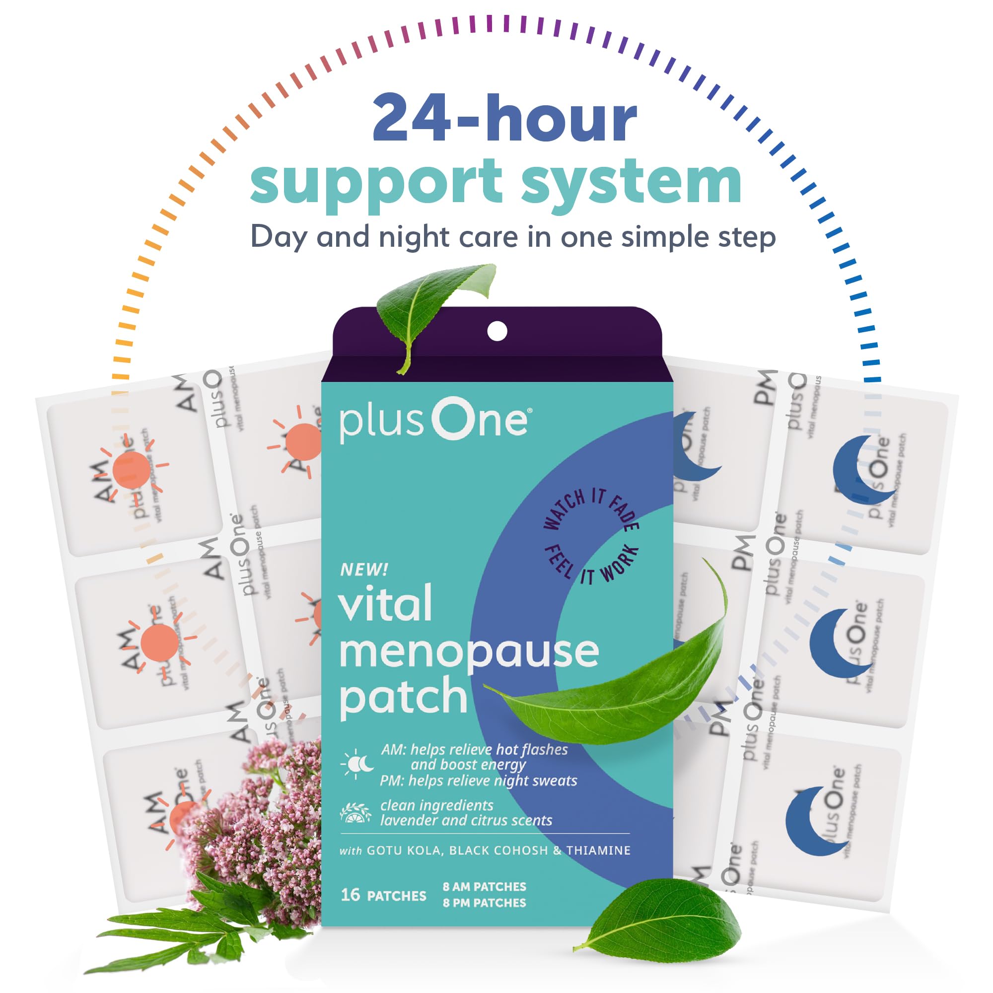 plusOne Vital Menopause Patches AM & PM – Hot Flash & Night Sweat Support – Promotes Energy & Sleep – Herbal Arjuna Daily Patches – 16ct plusOneAu supplements