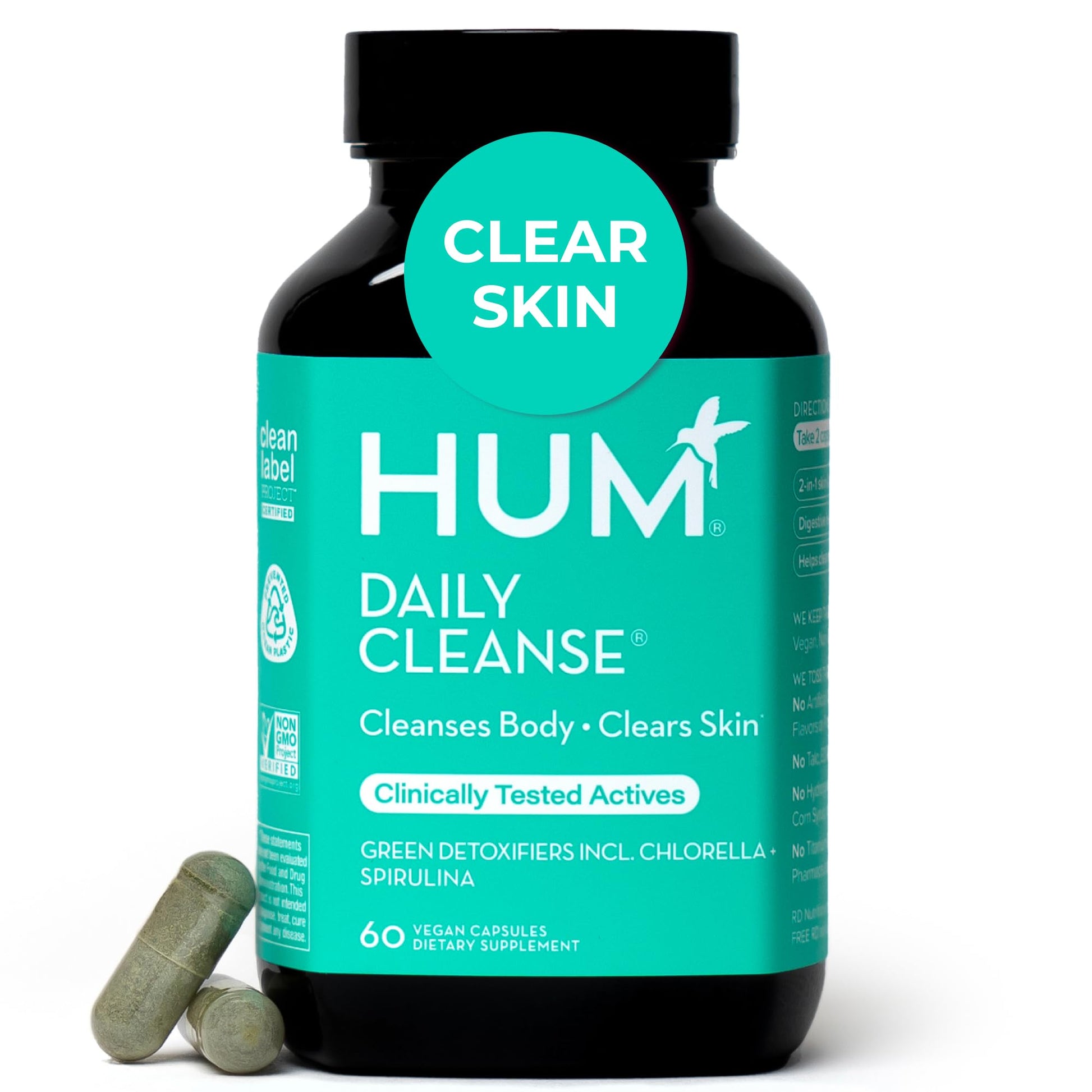 HUM Daily Cleanse Acne Supplements for Women & Men, Gentle Digestive Cleanse for Clear Skin Support, Zinc, Spirulina, Chlorella, Detoxifying Herbs, Organic Algae, Skin Vitamins Supplement, 60 Capsules HUMUS supplements
