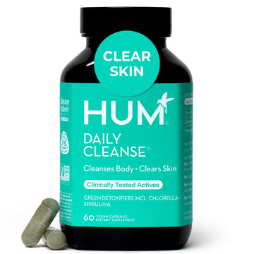 HUM Daily Cleanse Acne Supplements for Women & Men, Gentle Digestive Cleanse for Clear Skin Support, Zinc, Spirulina, Chlorella, Detoxifying Herbs, Organic Algae, Skin Vitamins Supplement, 60 Capsules HUMUS supplements