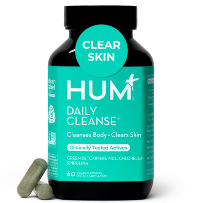 HUM Daily Cleanse Acne Supplements for Women & Men, Gentle Digestive Cleanse for Clear Skin Support, Zinc, Spirulina, Chlorella, Detoxifying Herbs, Organic Algae, Skin Vitamins Supplement, 60 Capsules HUMUS supplements