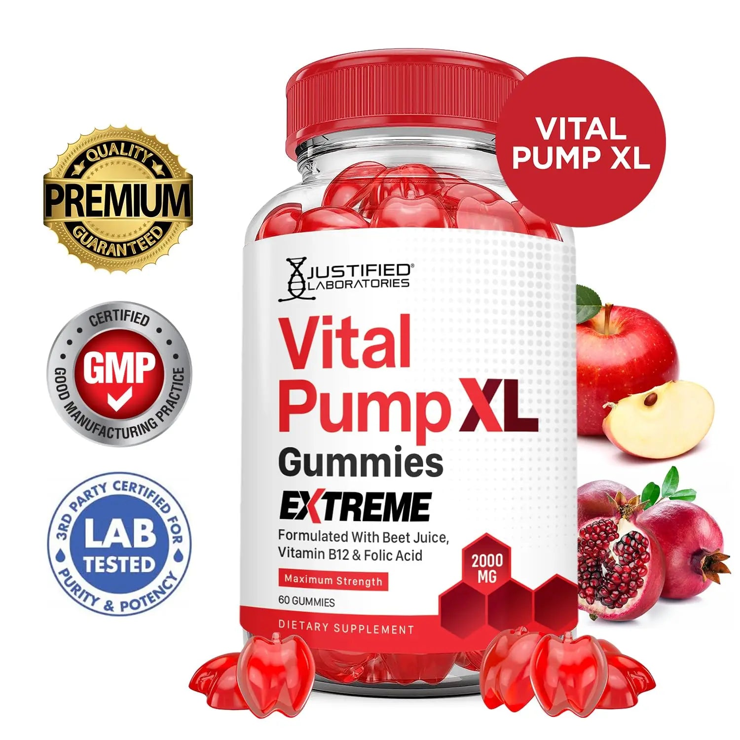 Justified Laboratories (5 Pack) Vital Pump XL Extreme 2000MG Performance Gummies Vital PumpXL Advanced Formula Formulated with Beet Juice ACV Pomegranate Powder B12 Vegan Non GMO 300 Gummys Justified Laboratoriesnz supplements