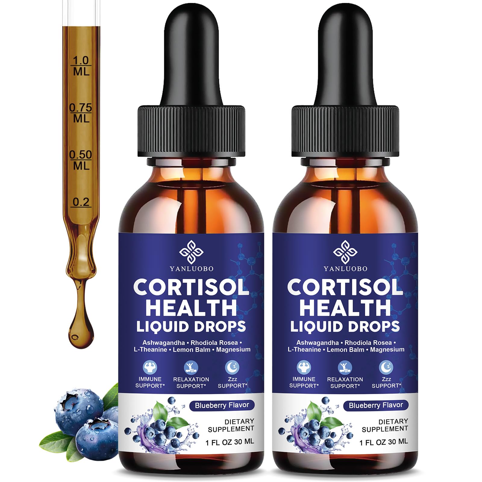 Cortisol Supplements for Women - Cortisol Manager Liquid Drops with Magnesium, Ashwagandha & Rhodiola rosea, L-theanine - Promotes Relaxation & Better Sleep, Mood, Blueberry Flavors, 1FL.OZ(2PC) YANLUOBOAu supplements