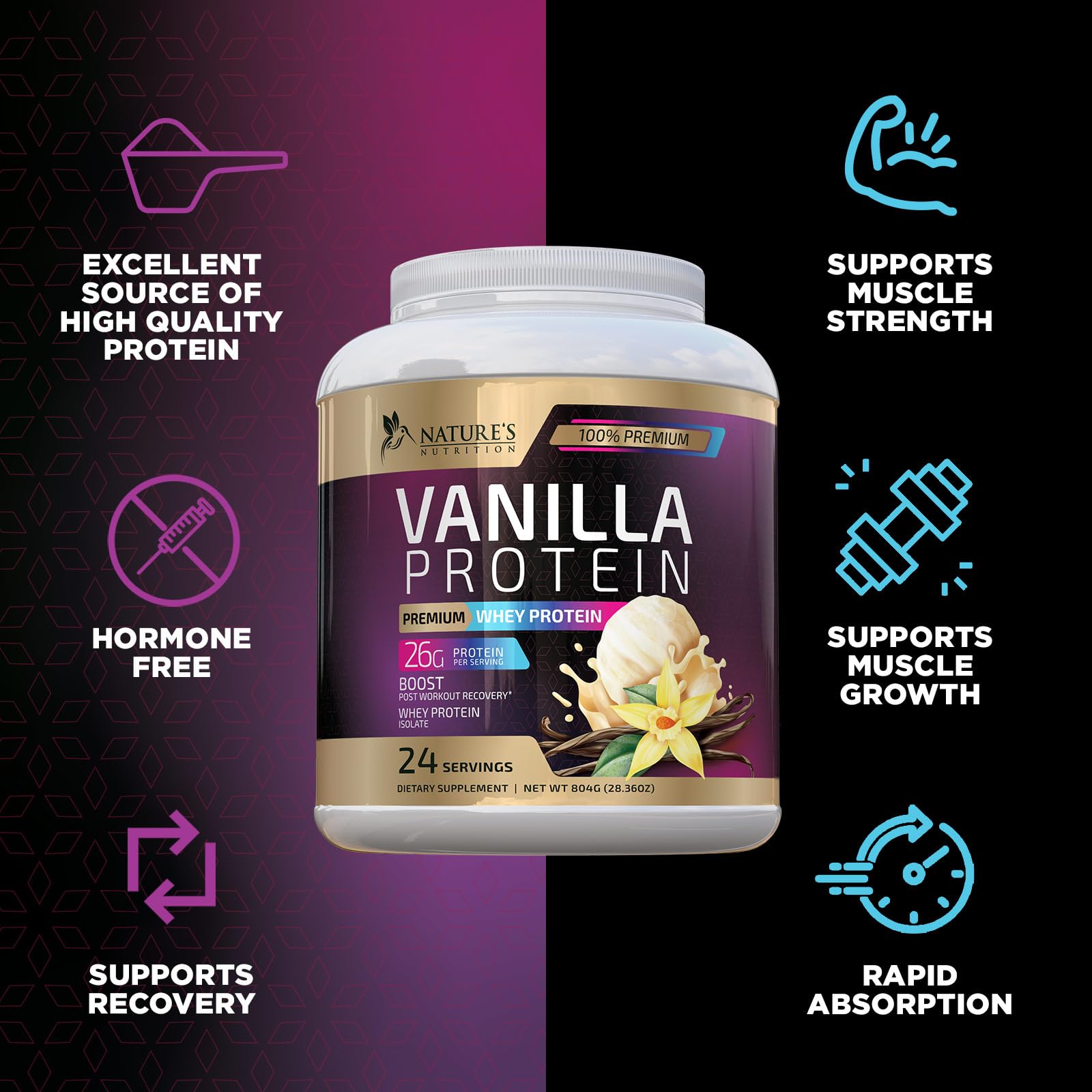 Whey Protein Powder 26g - Vanilla Ice Cream Whey Isolate Protein for Muscle Growth Nature's NutritionUS supplements